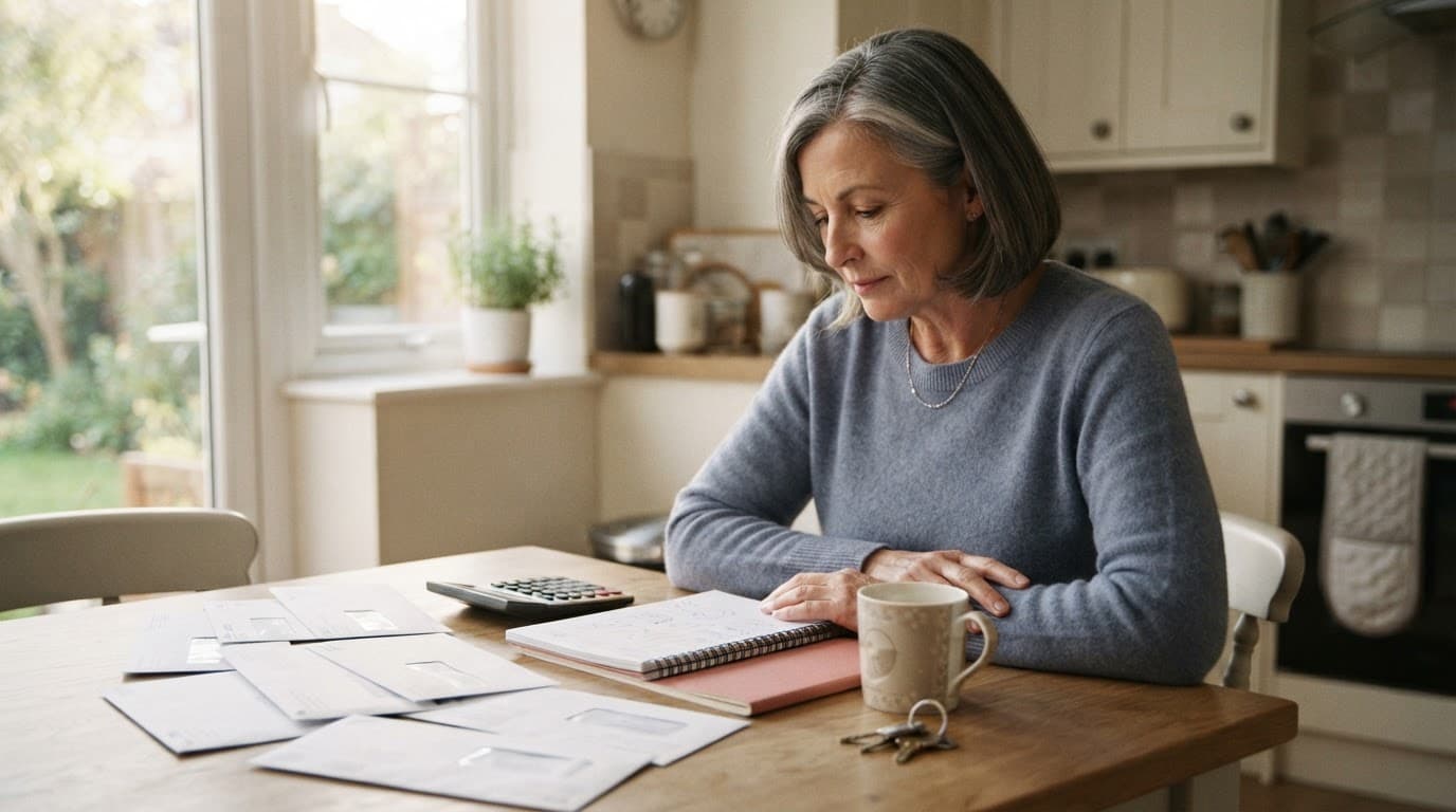 Woman reviewing bills with a calculator and notebook at a kitchen table.