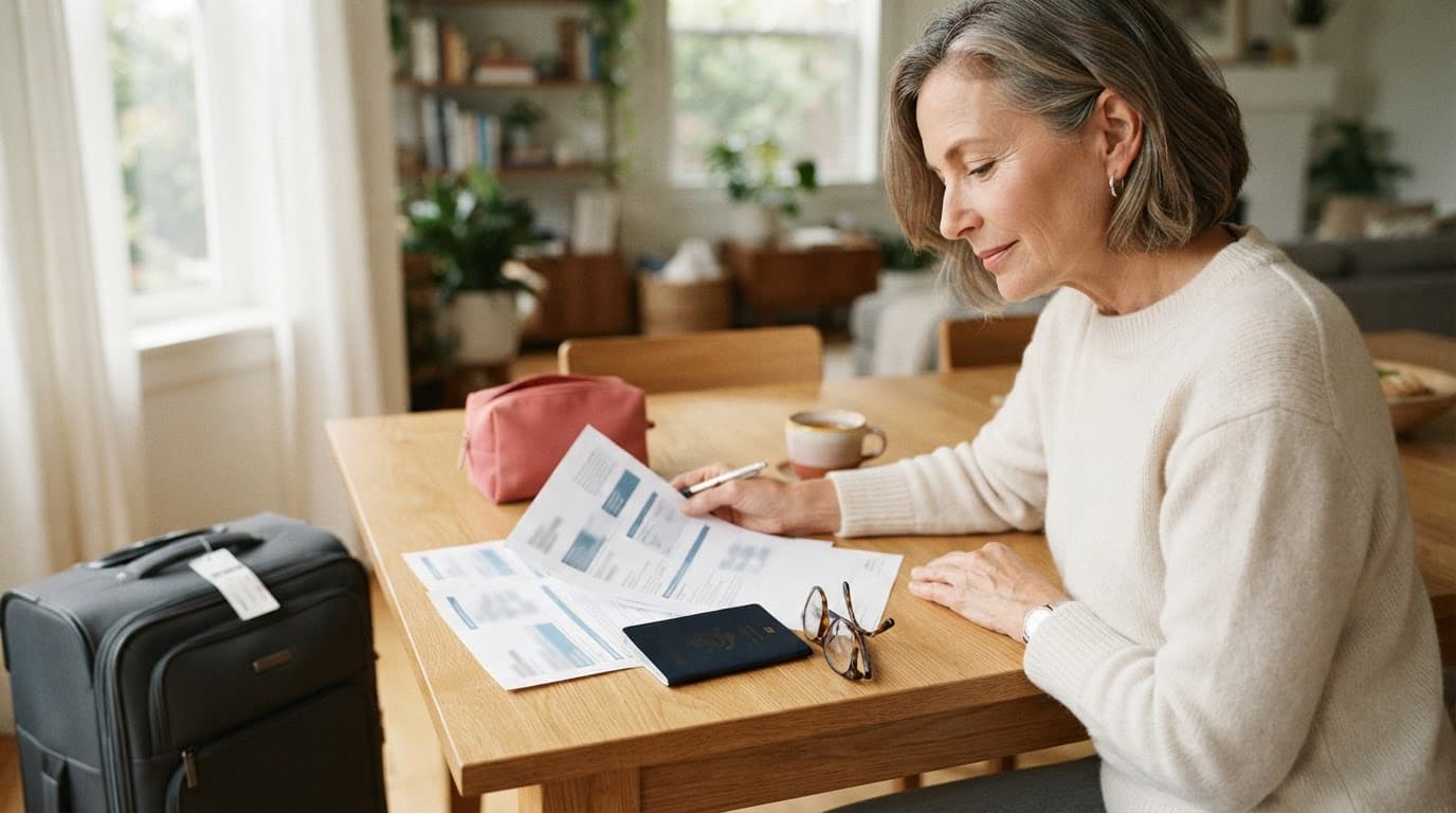 Woman reviewing insurance papers beside a passport, glasses, and suitcase.