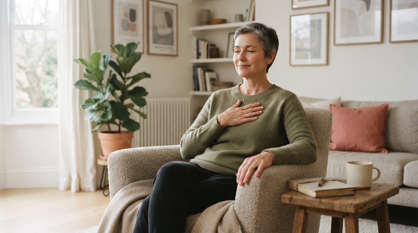 Woman in an armchair with a hand over her heart and a journal nearby.