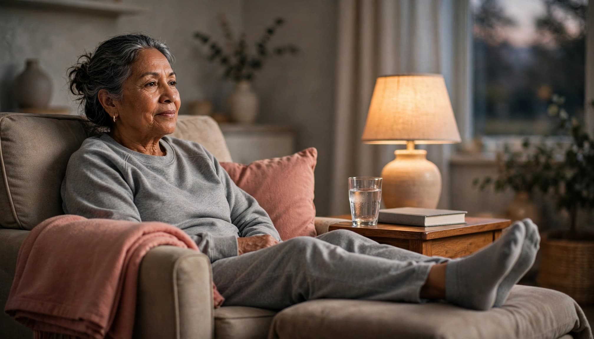 Older woman relaxing in an armchair with water nearby in a softly lit living room.