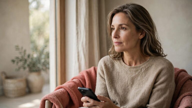 A thoughtful woman holds a phone beside a sunny window.