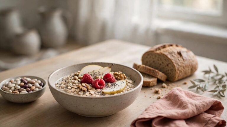 A bowl of oat porridge with fruit, seeds, nuts, beans, greens, and bread on a sunny table.