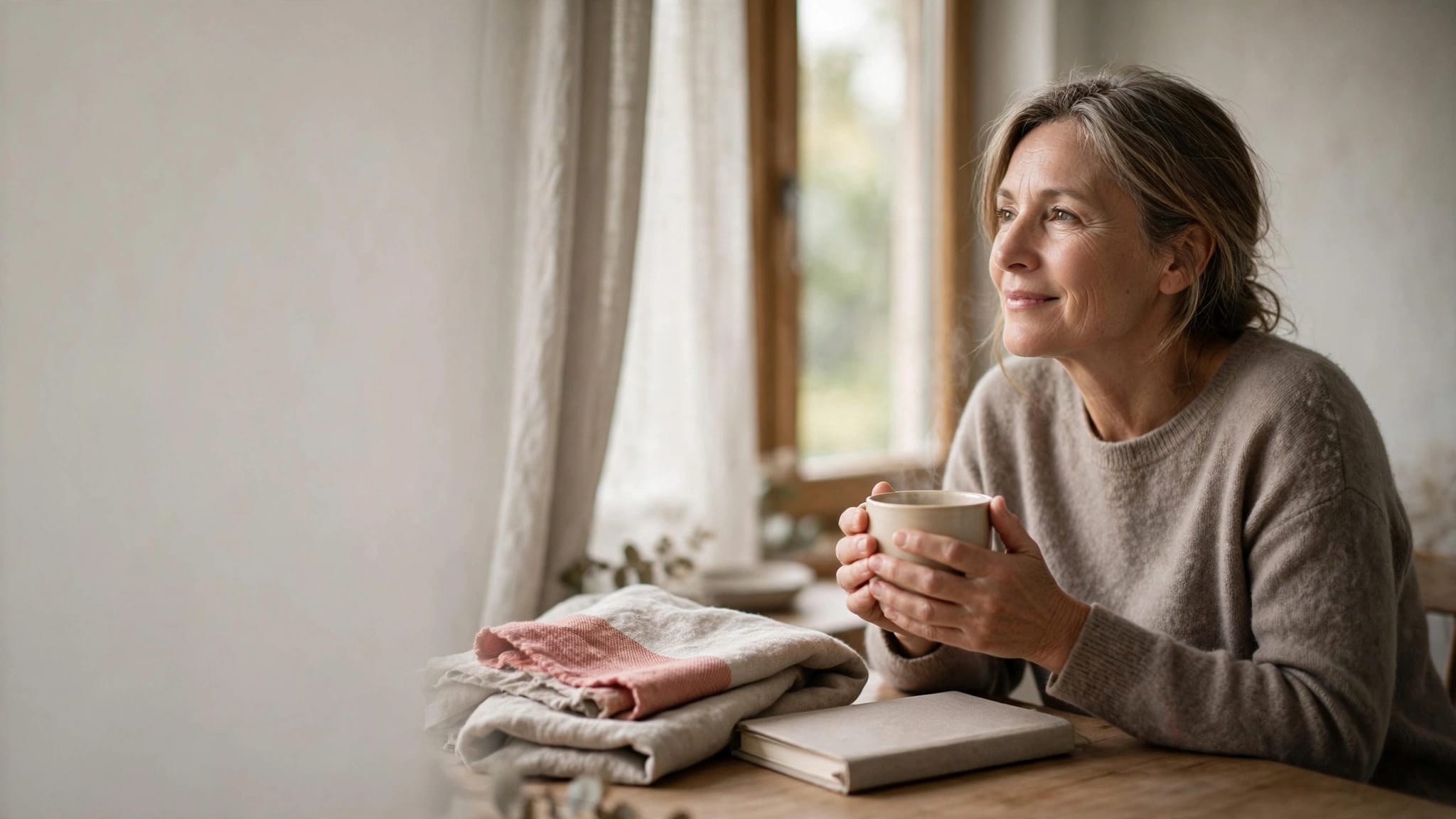 A woman holds a warm mug beside a sunny window, with a journal and soft throw nearby.