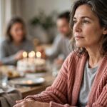 A woman sits quietly at a birthday gathering with a cake and blurred family members behind her.