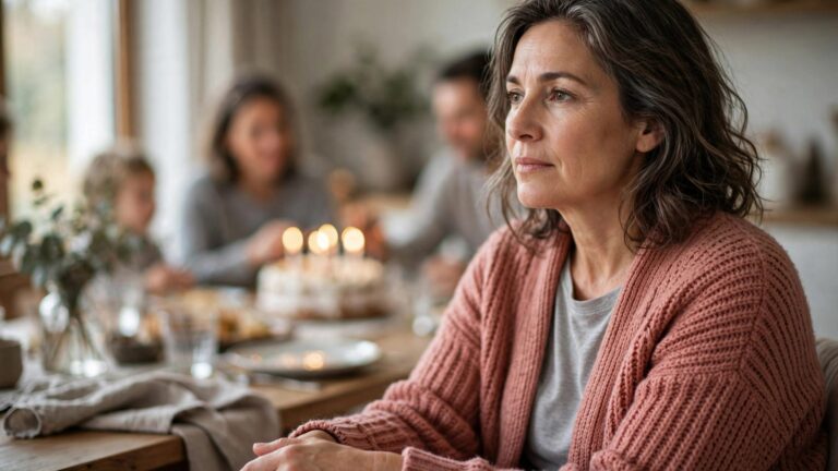 A woman sits quietly at a birthday gathering with a cake and blurred family members behind her.