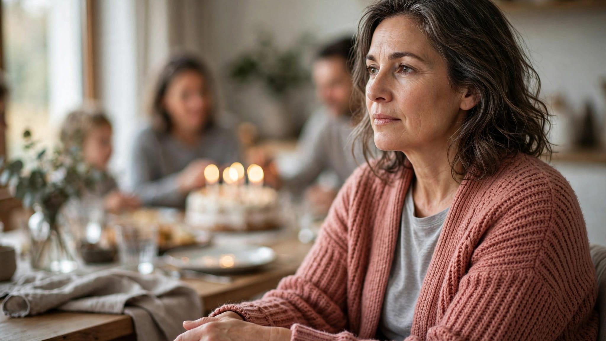 A woman sits quietly at a birthday gathering with a cake and blurred family members behind her.