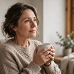 A thoughtful woman holds a mug beside a sunny window.