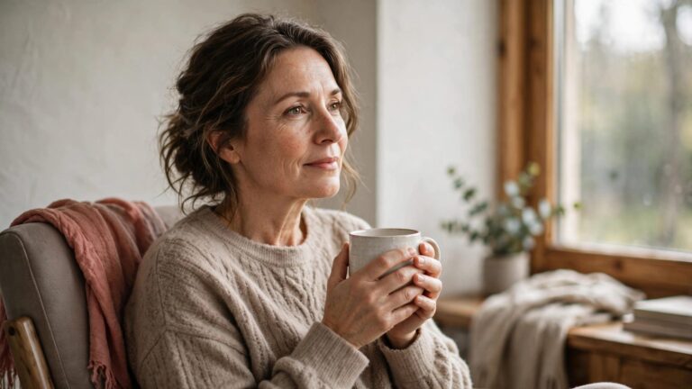A thoughtful woman holds a mug beside a sunny window.