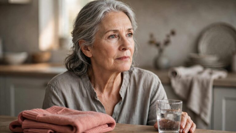 A woman sits quietly at a kitchen table beside a glass of water.