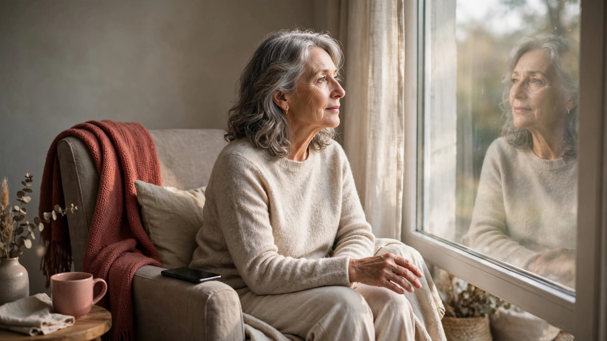 Older woman sets aside her phone and looks at her reflection by a sunny window.