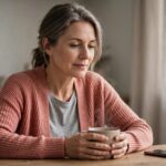 Woman in a rose cardigan sits with tea beside a face-down phone.