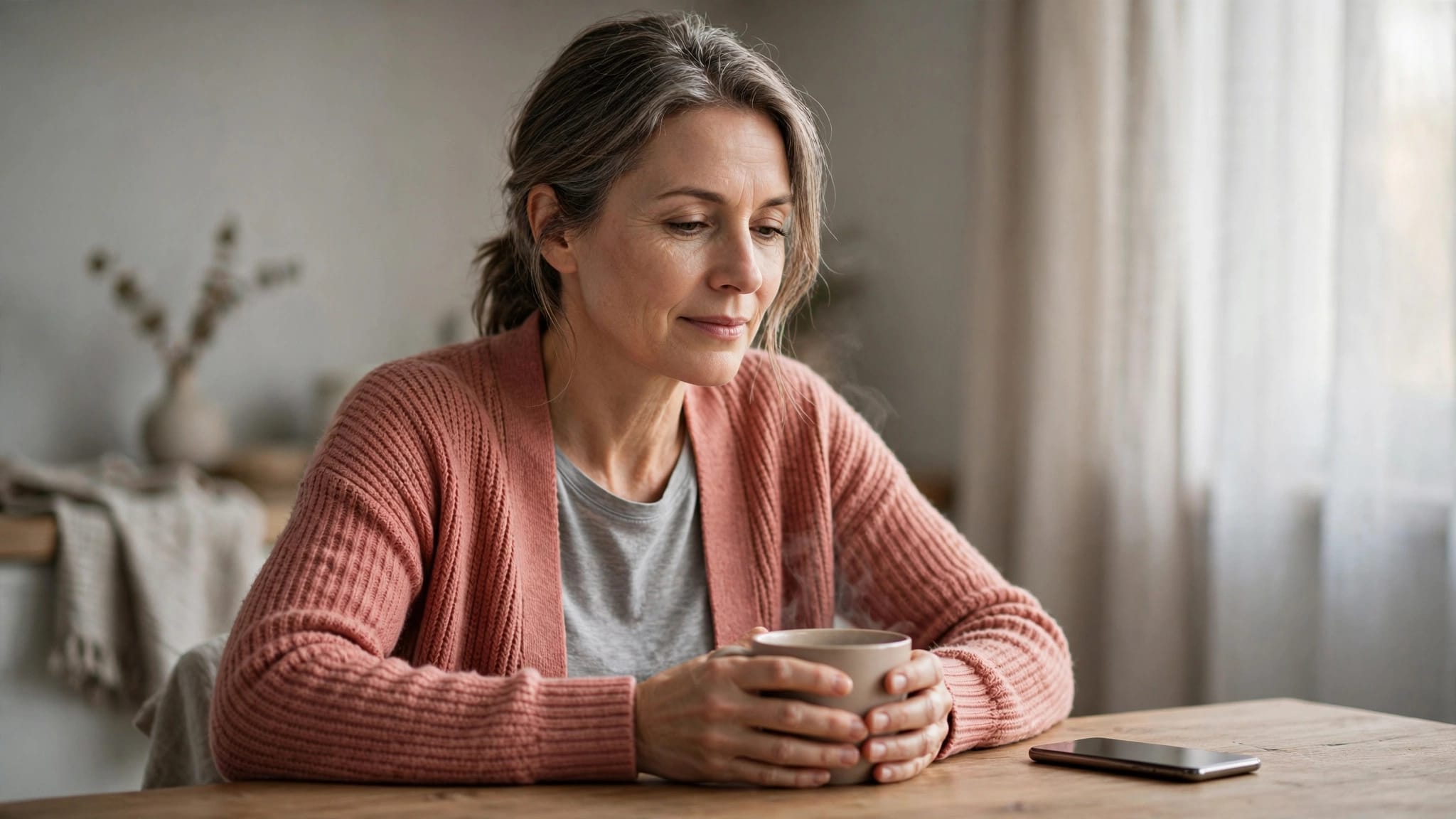 Woman in a rose cardigan sits with tea beside a face-down phone.