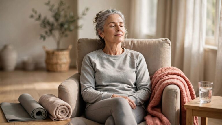 Older woman resting in a chair beside a yoga mat, water glass, and rolled towel.