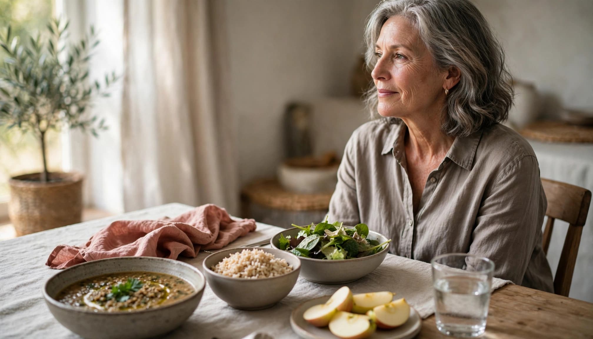 Woman seated behind a table with lentil soup, rice, greens, apple slices, and water.