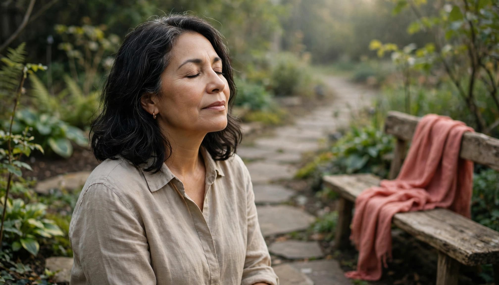 A woman pauses beside a garden path with a coral scarf on a bench.