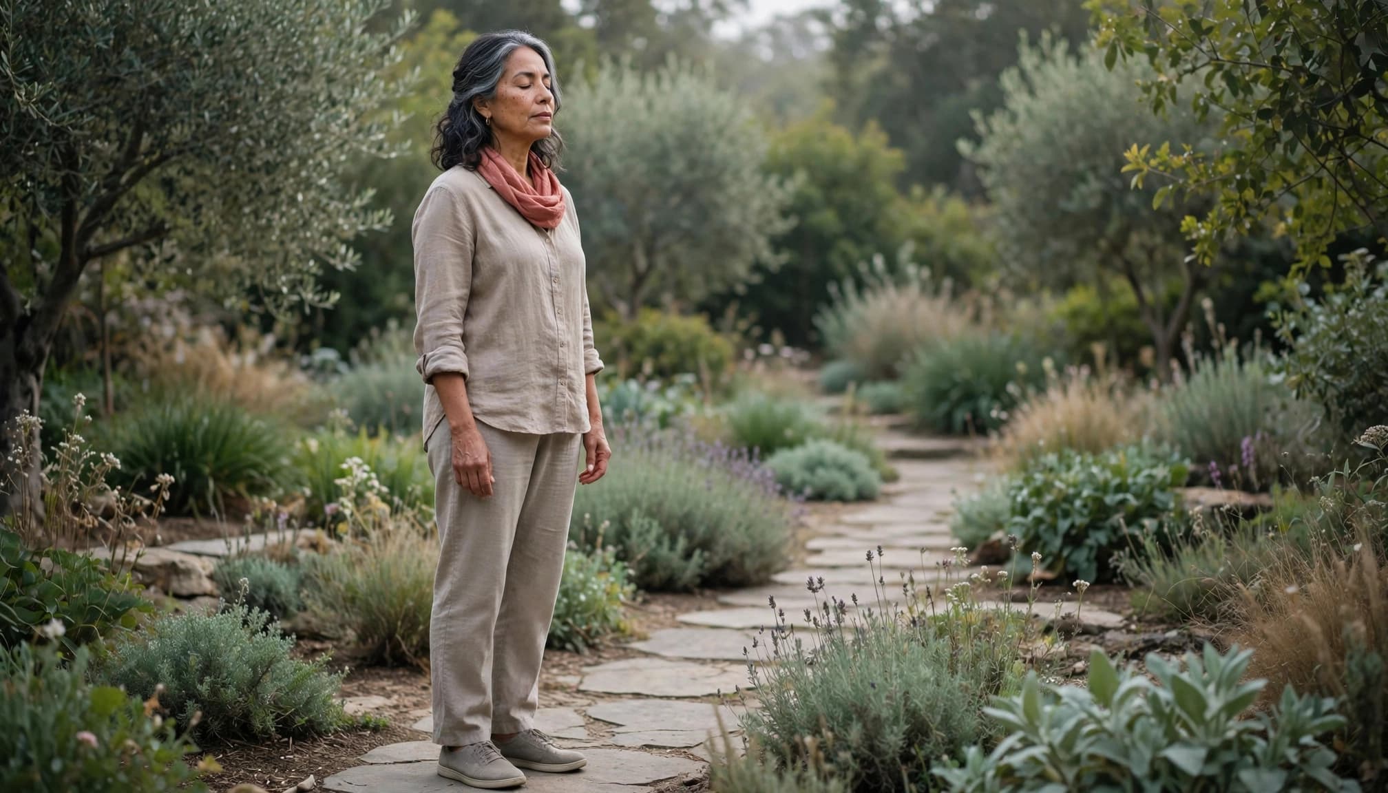 Woman over 50 practicing nervous system grounding for healing childhood emotional neglect on a peaceful garden path.