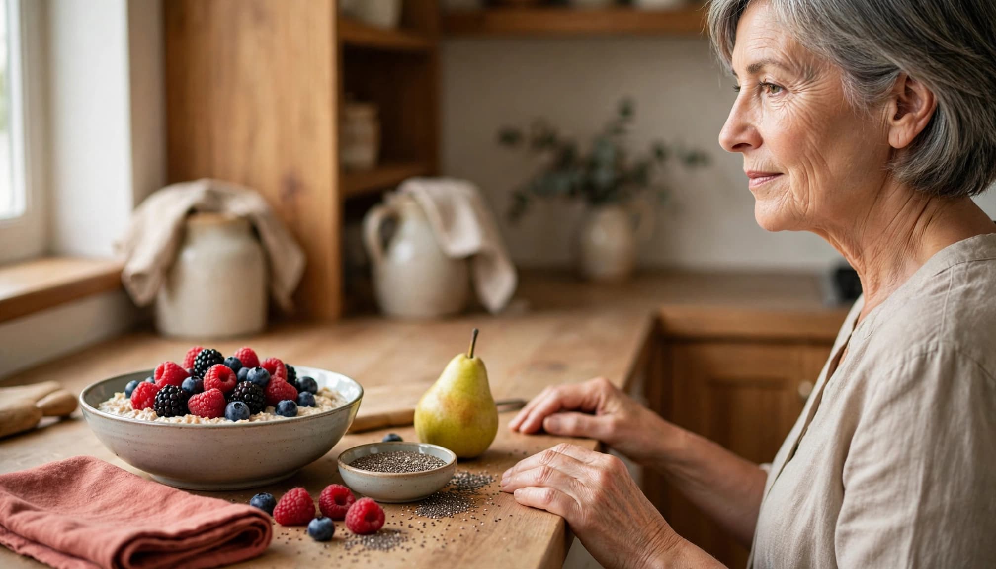 Woman beside oatmeal, berries, chia seeds, and a pear in a bright kitchen.