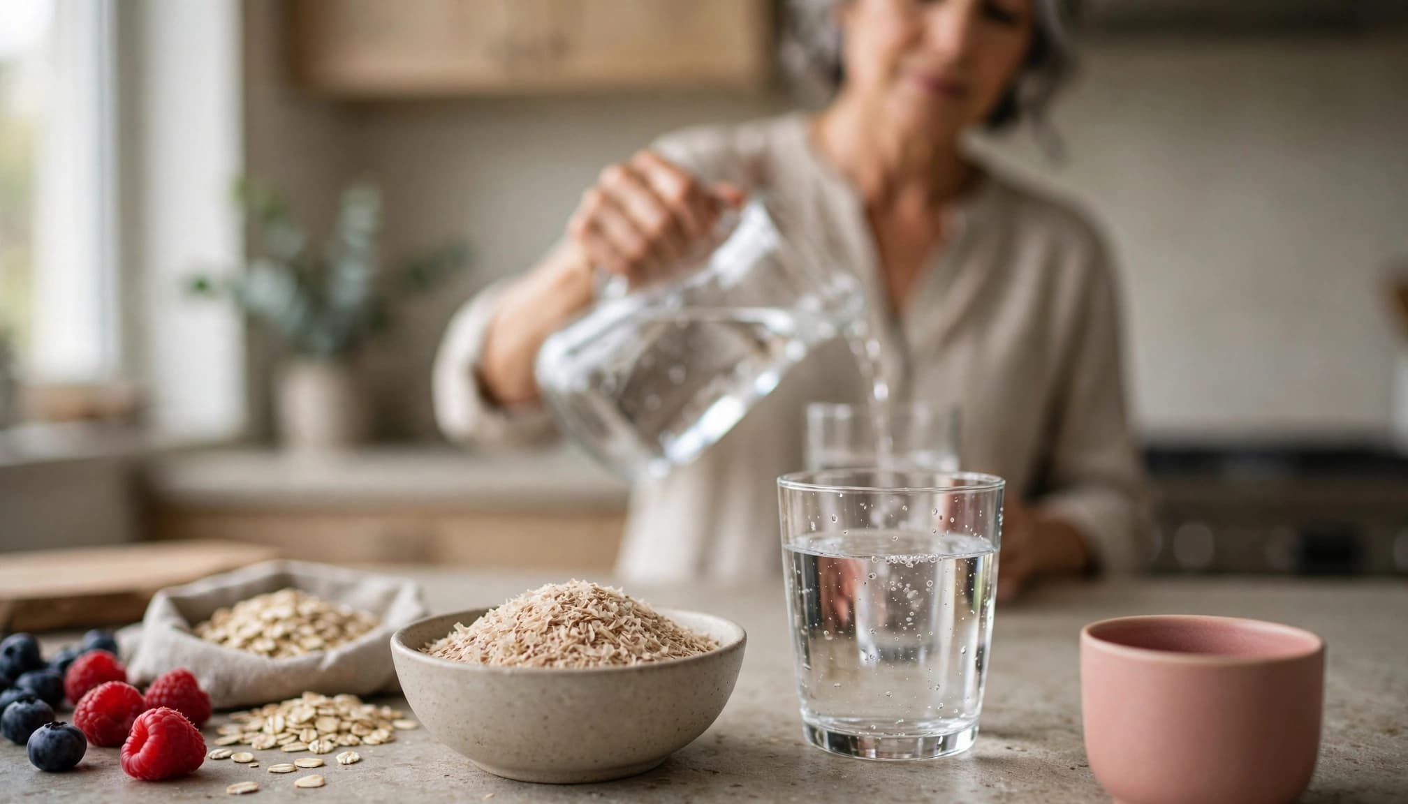 Woman pouring water beside psyllium fiber, a glass, oats, and berries.