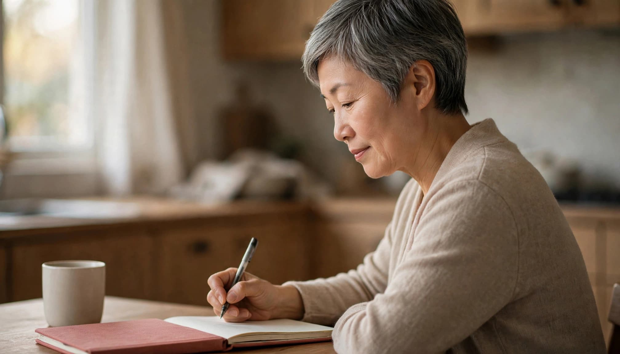 Woman over 50 journaling about reparenting and healing childhood emotional neglect at a warm kitchen table.