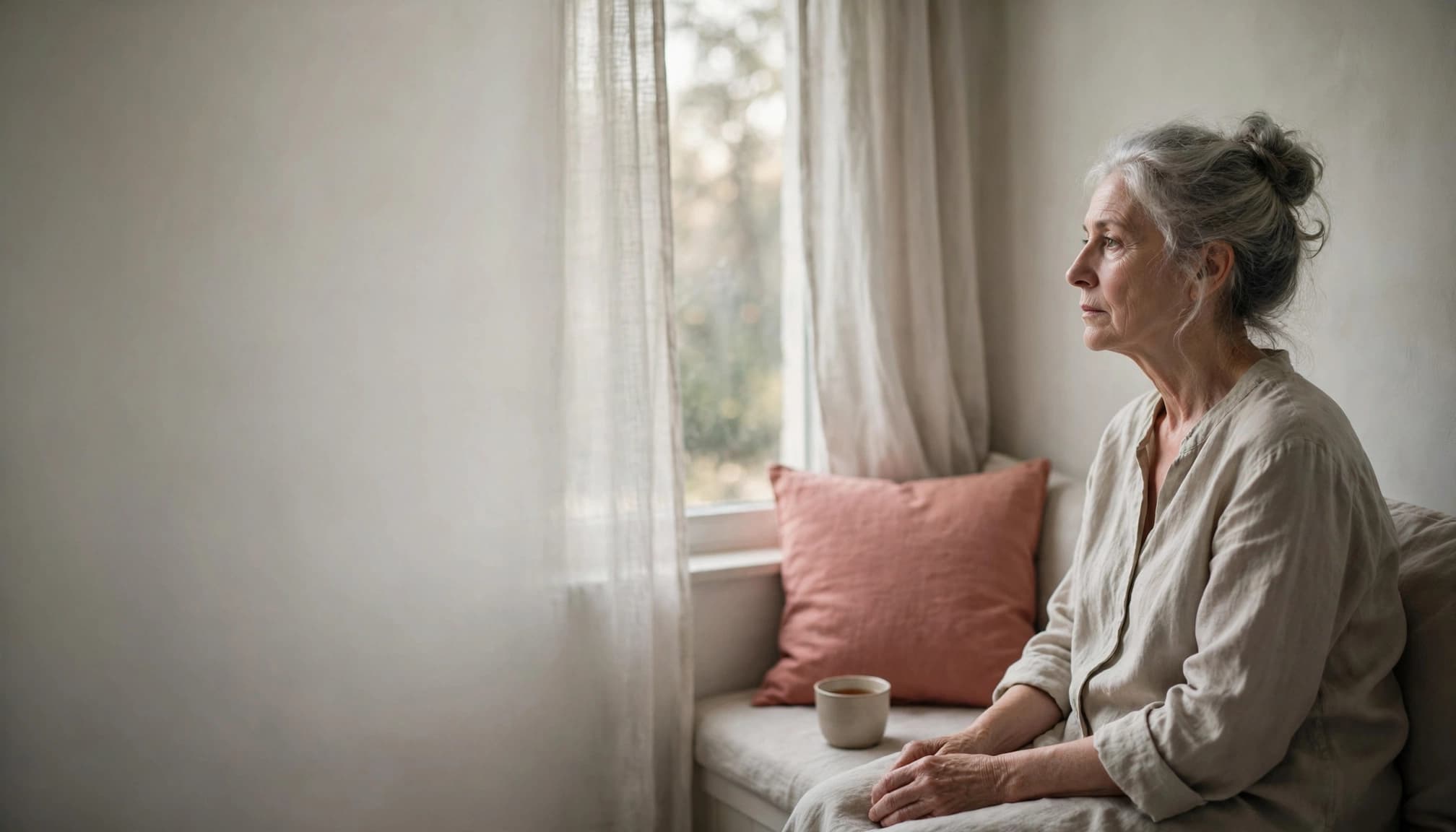A woman sits quietly by a bedroom window with tea and a coral pillow.