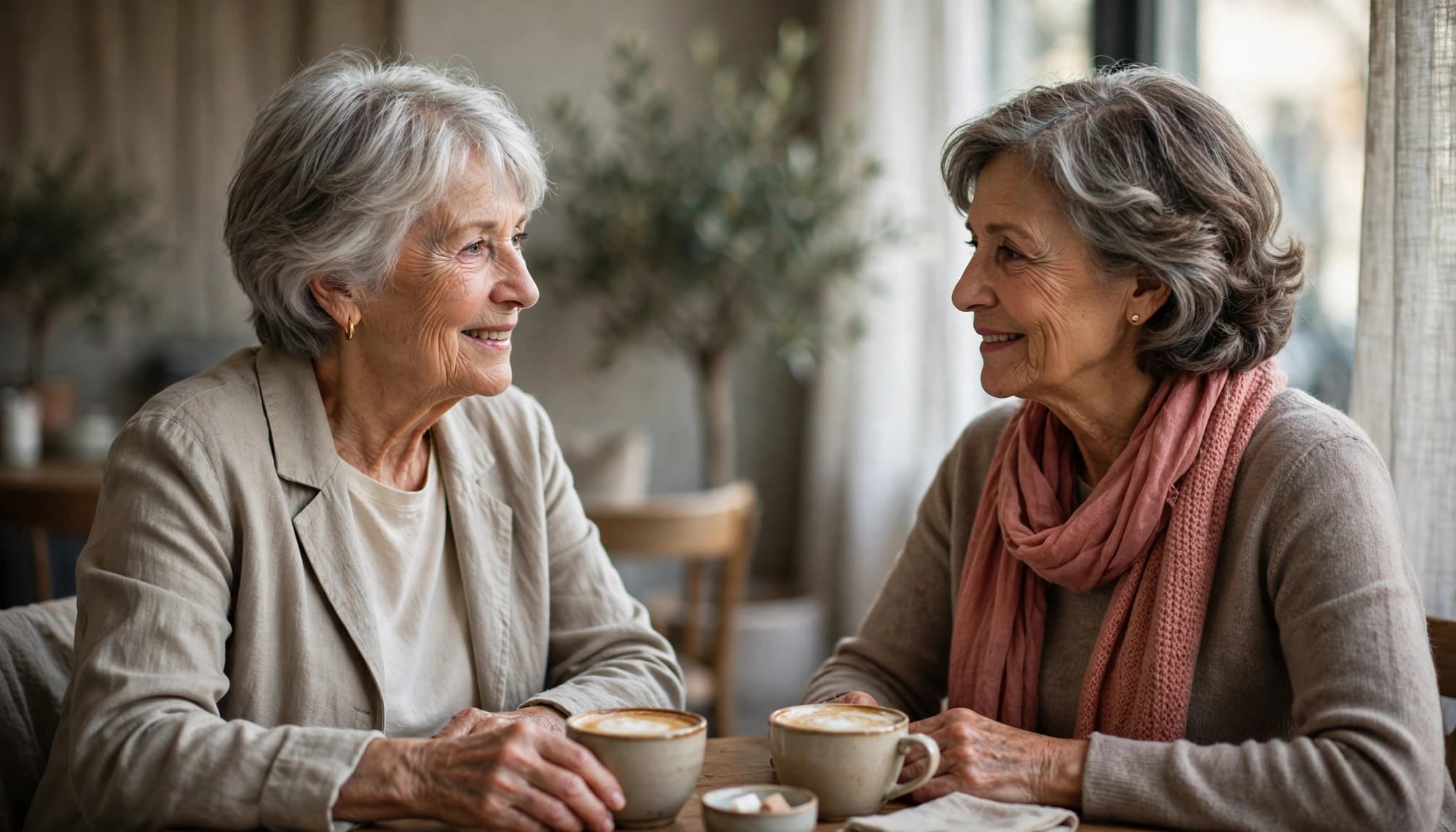 Two older women share coffee and conversation at a quiet cafe table.