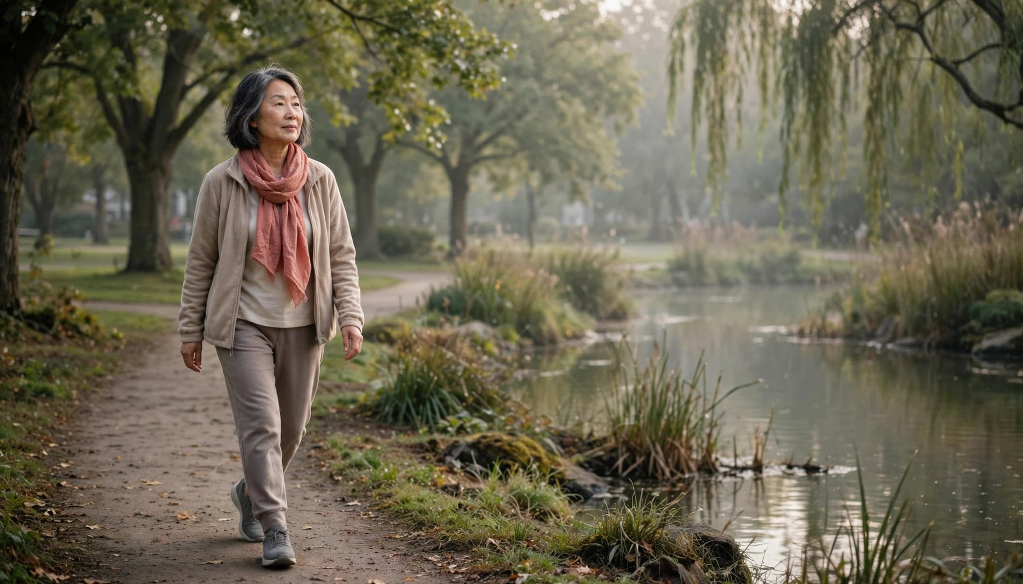 A woman walks beside a quiet park pond in soft morning light.