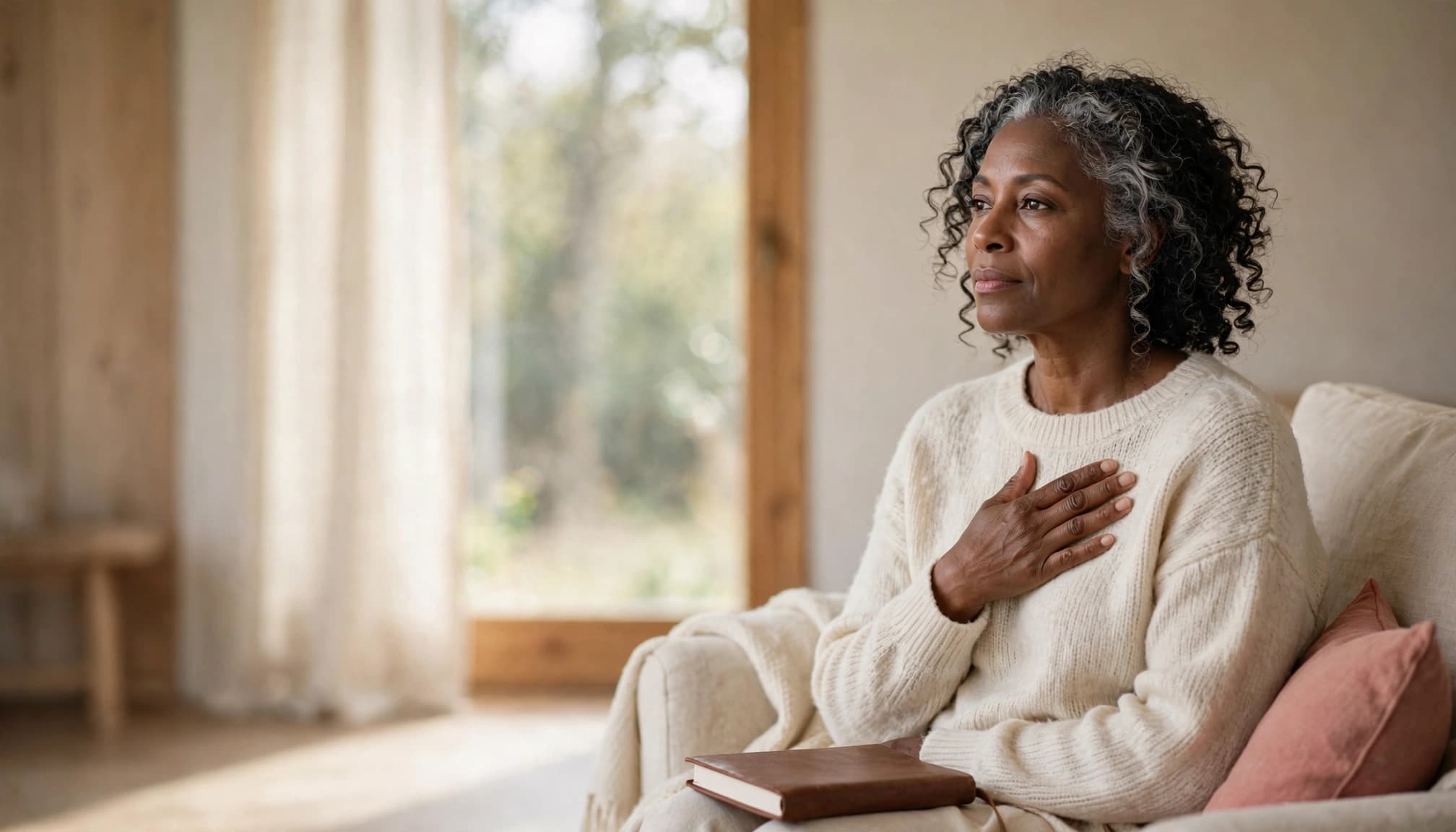 A silver-haired Black woman rests her hand over her chest in a sunlit armchair.
