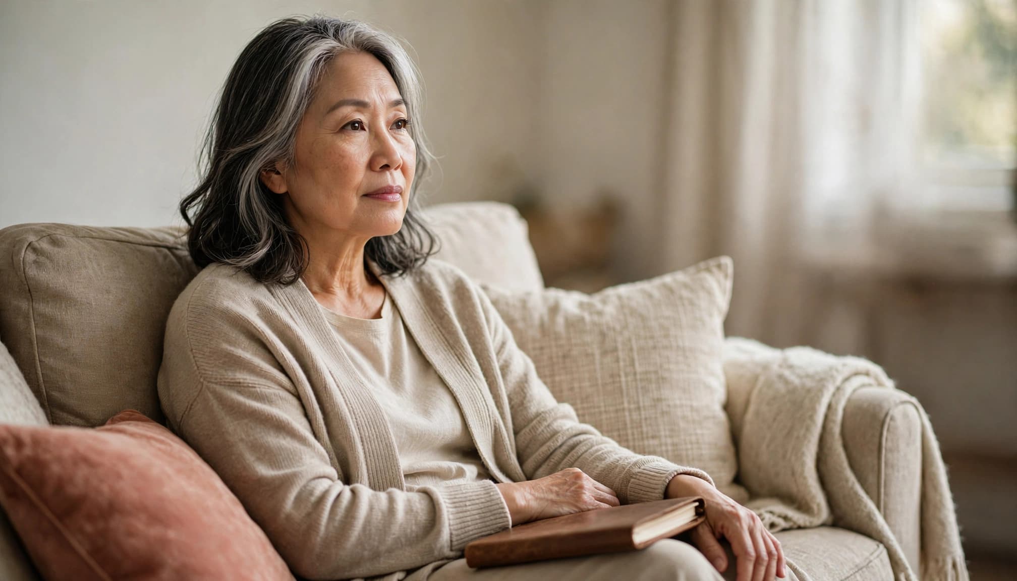 A silver-haired woman sits thoughtfully in an armchair with a journal on her lap.