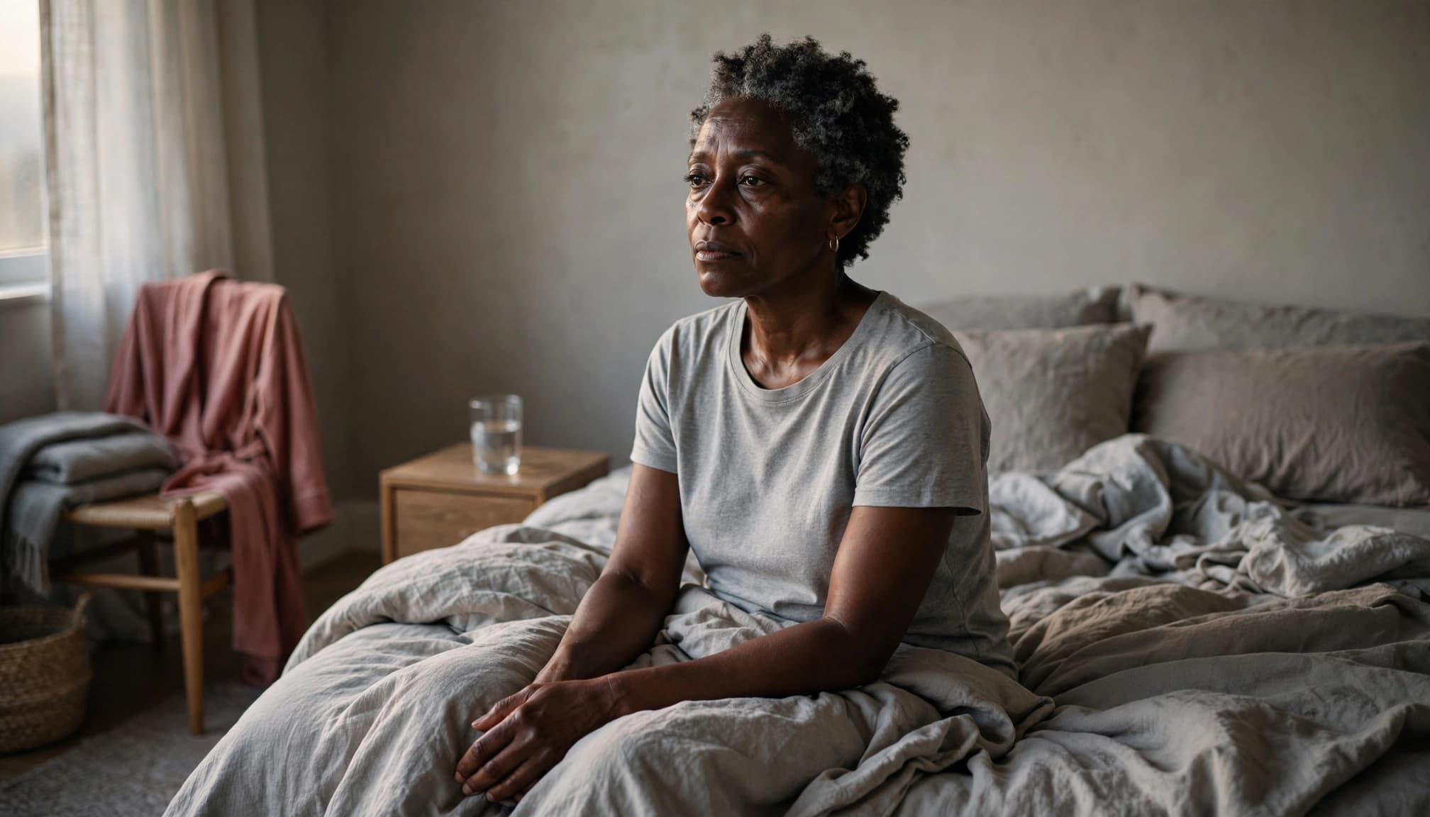 A tired woman sits beside an unmade bed with water on the nightstand.