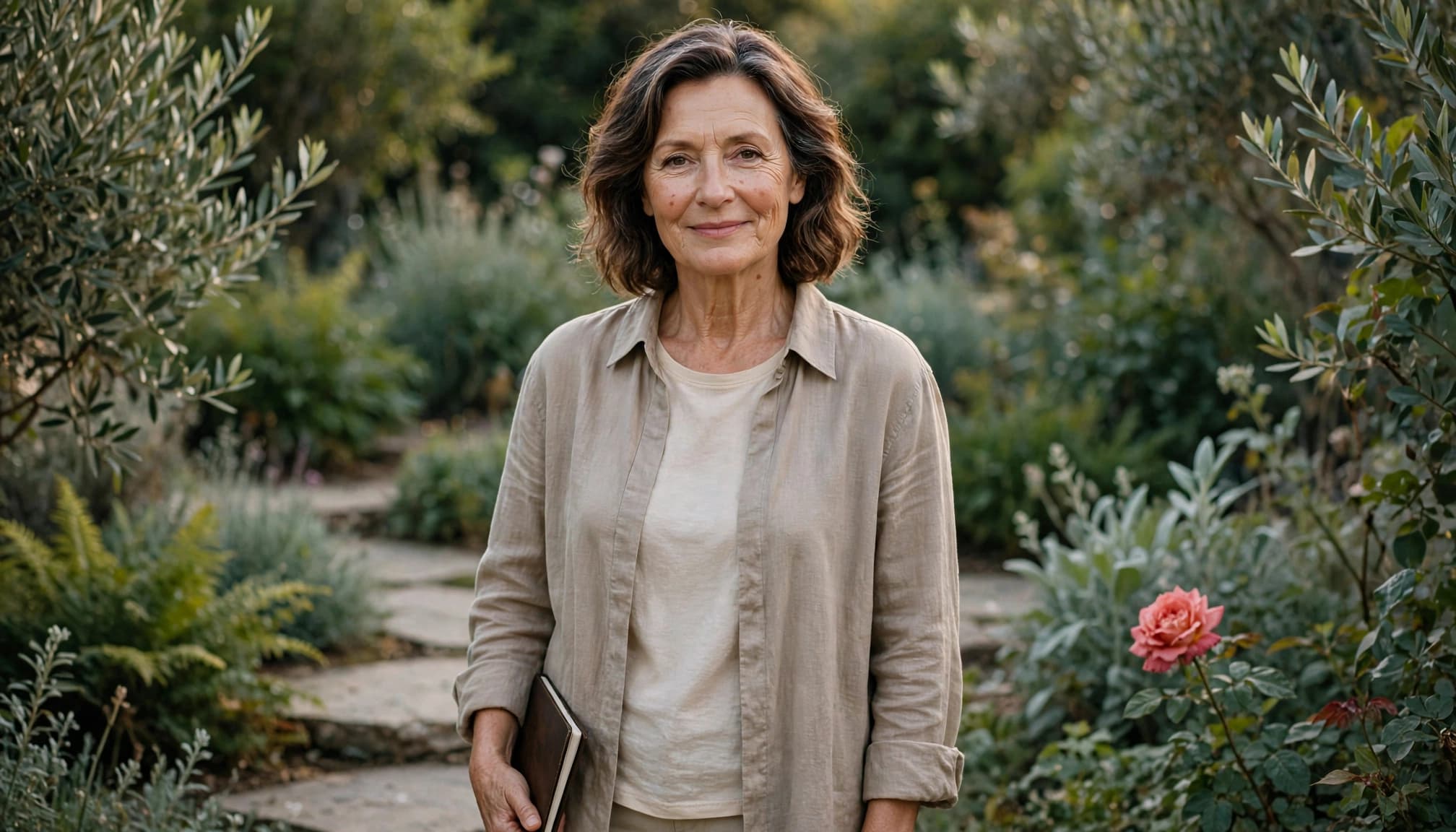 A smiling woman holds a notebook while standing on a garden path.