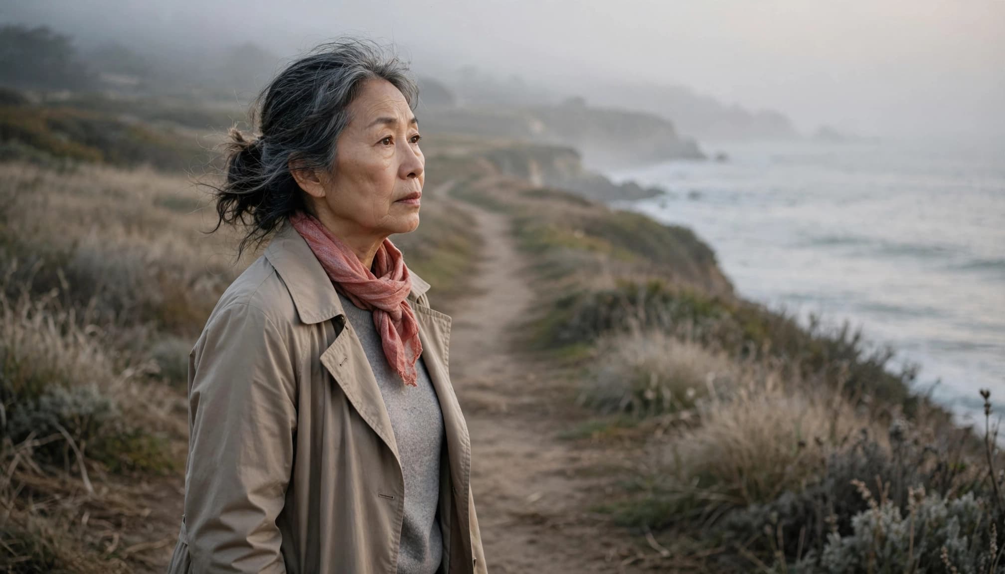 An older woman walks alone beside the ocean at dawn.