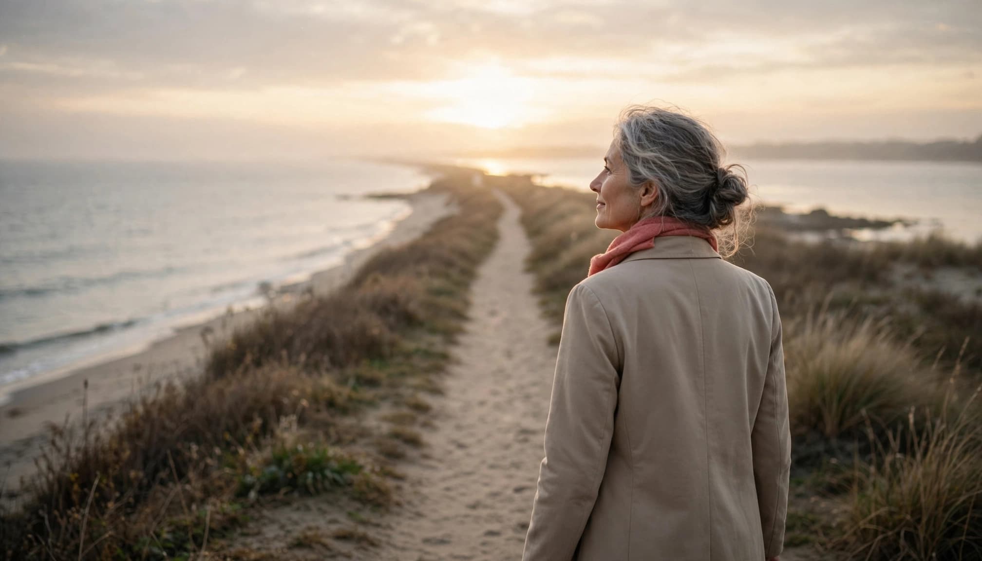 A woman walks alone along a coastal path at sunrise.