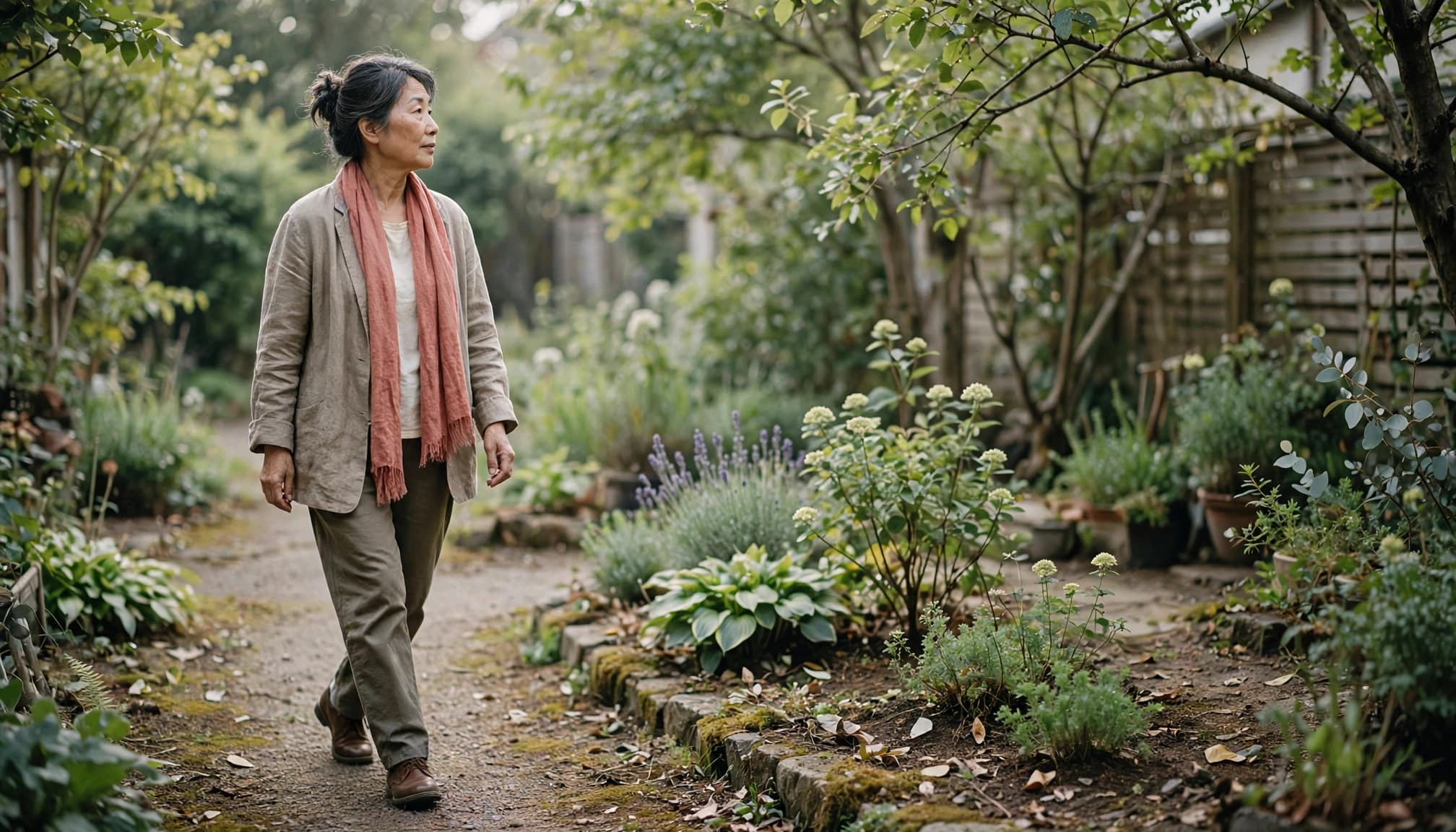 A woman over 50 in a coral scarf walks through a leafy garden, taking in her surroundings.