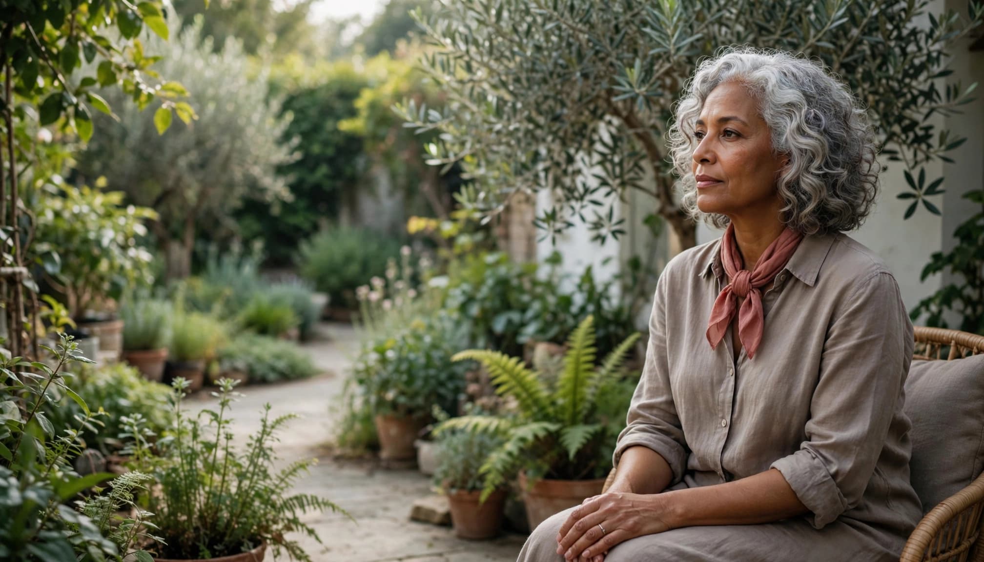 A woman with silver curls sits quietly among leafy garden plants.