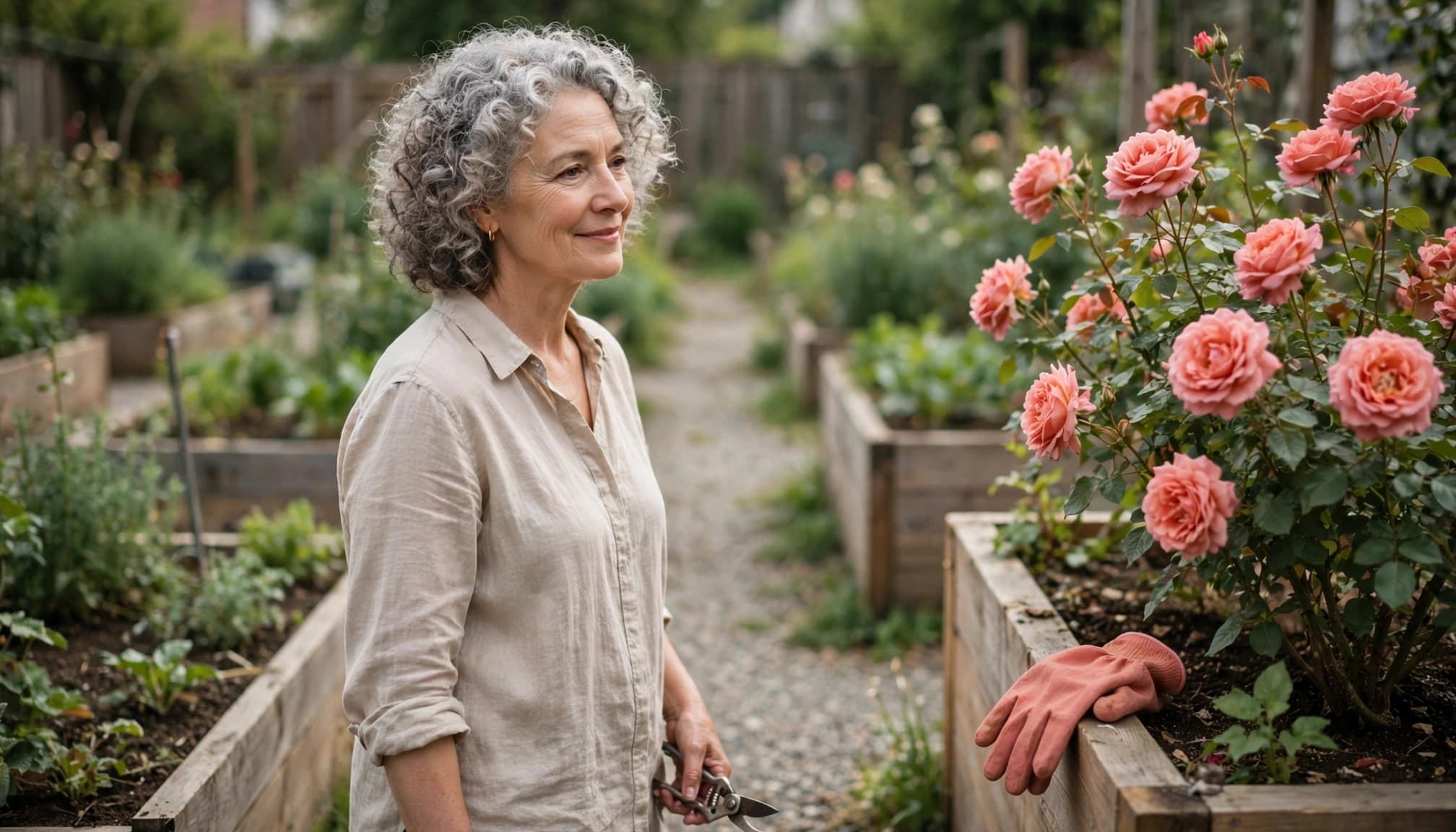 A smiling gray-haired woman holds pruning shears beside a flowering plant in a garden.