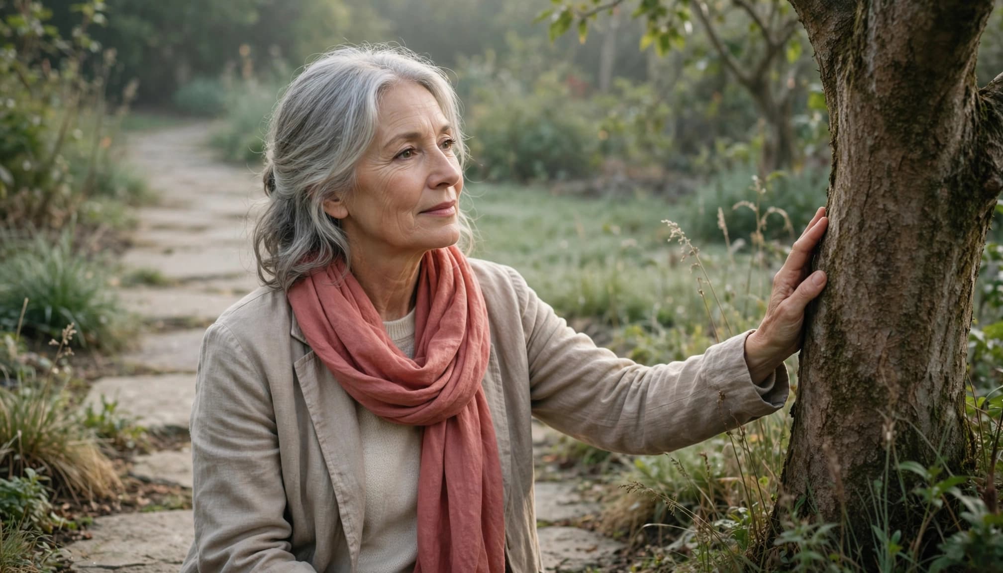 Woman touching tree bark on a quiet garden path.