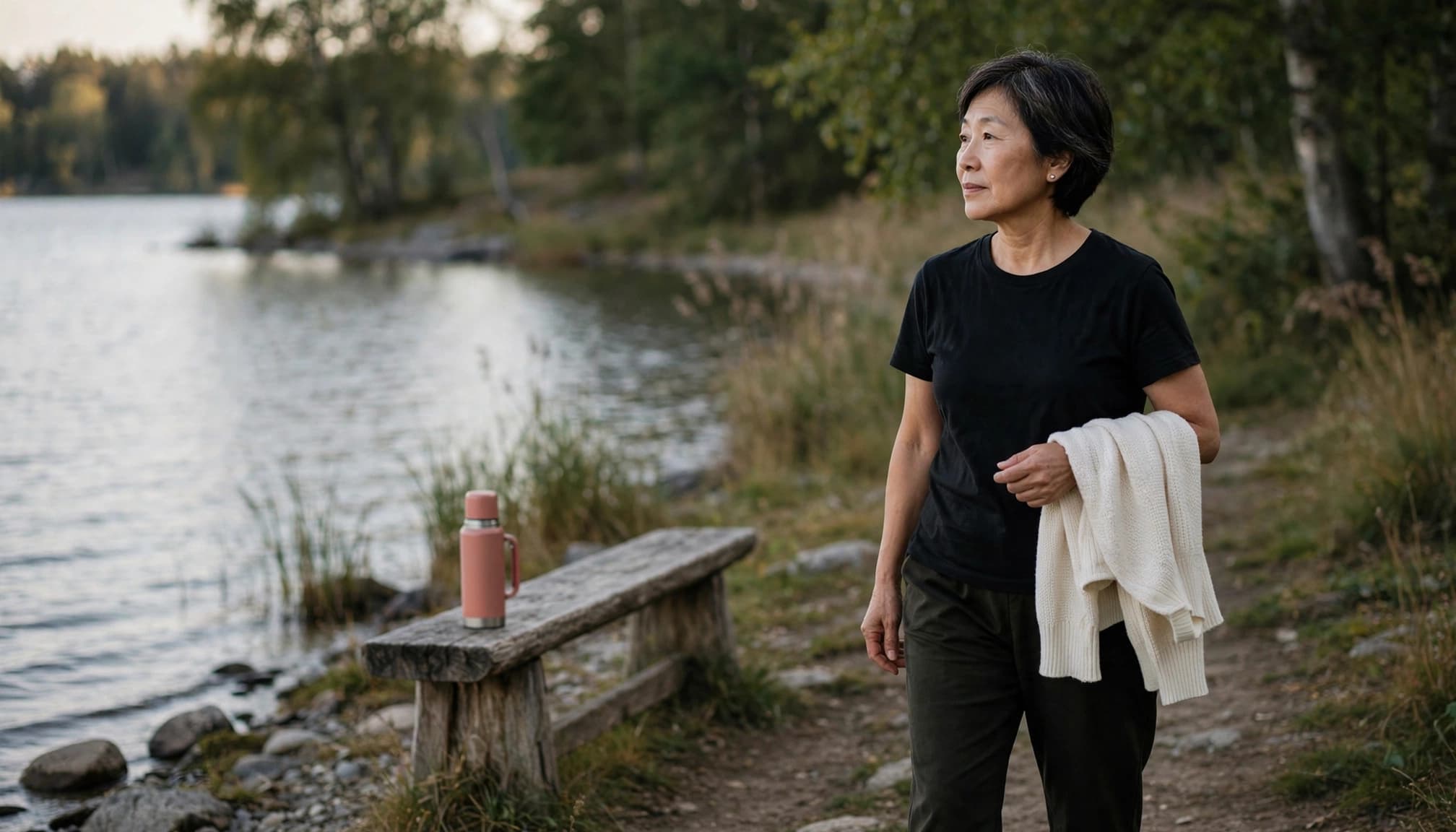 A woman walks beside a quiet lake at evening with a cardigan over one arm.