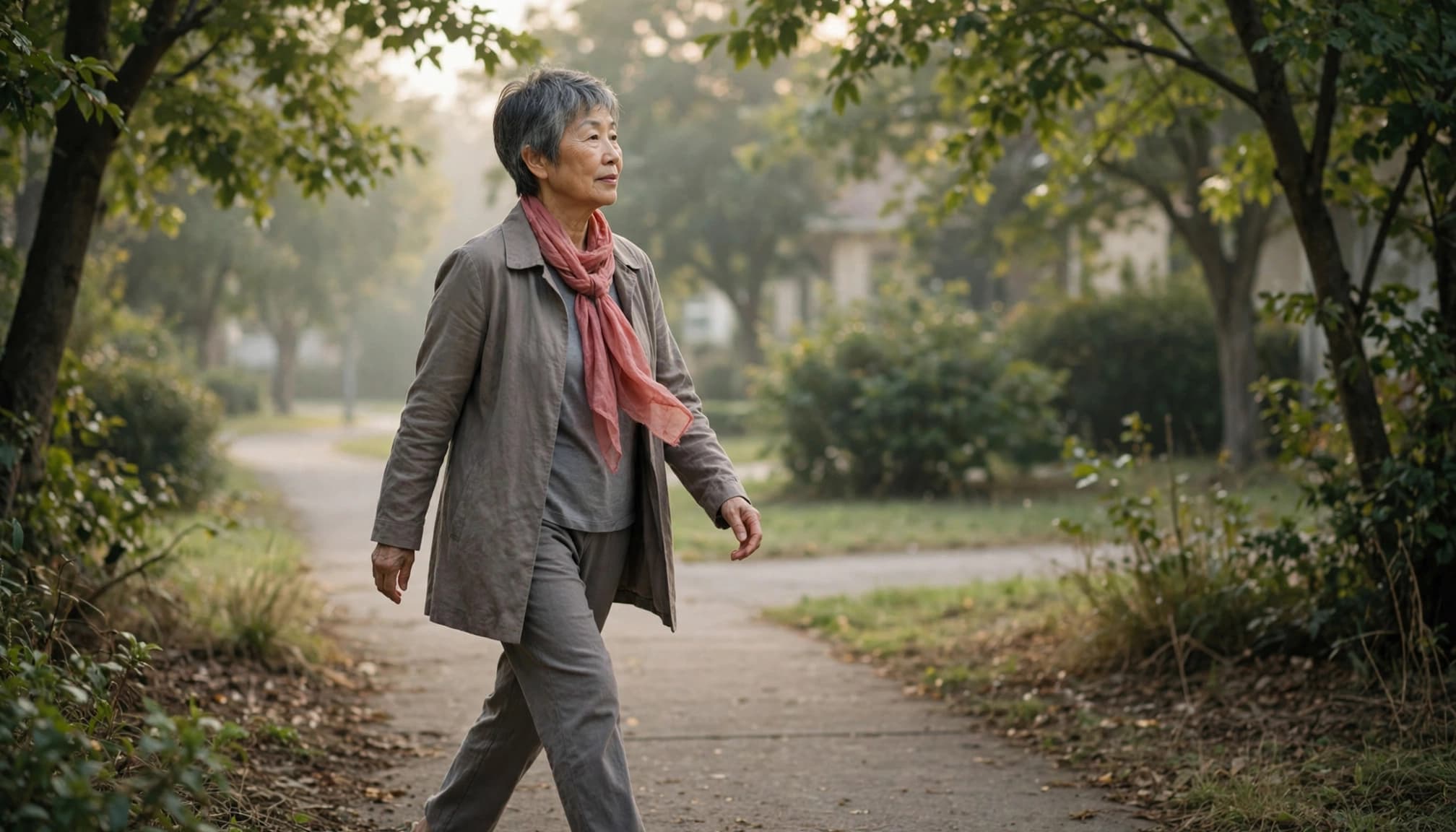 A woman in a rose-accented scarf walks along a quiet path beside trees.