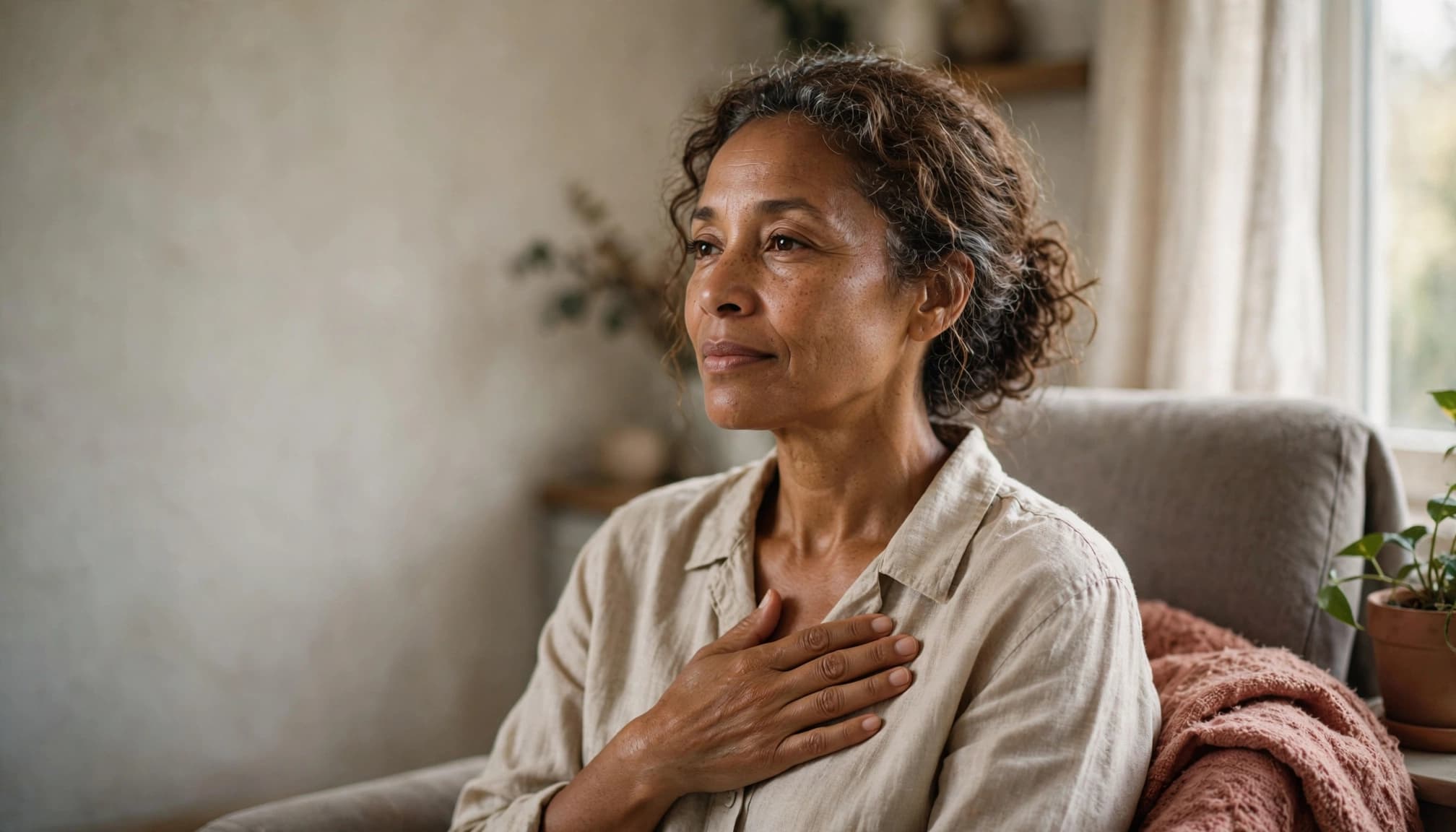 A woman over 50 rests one hand on her chest while sitting beside a sunny window.