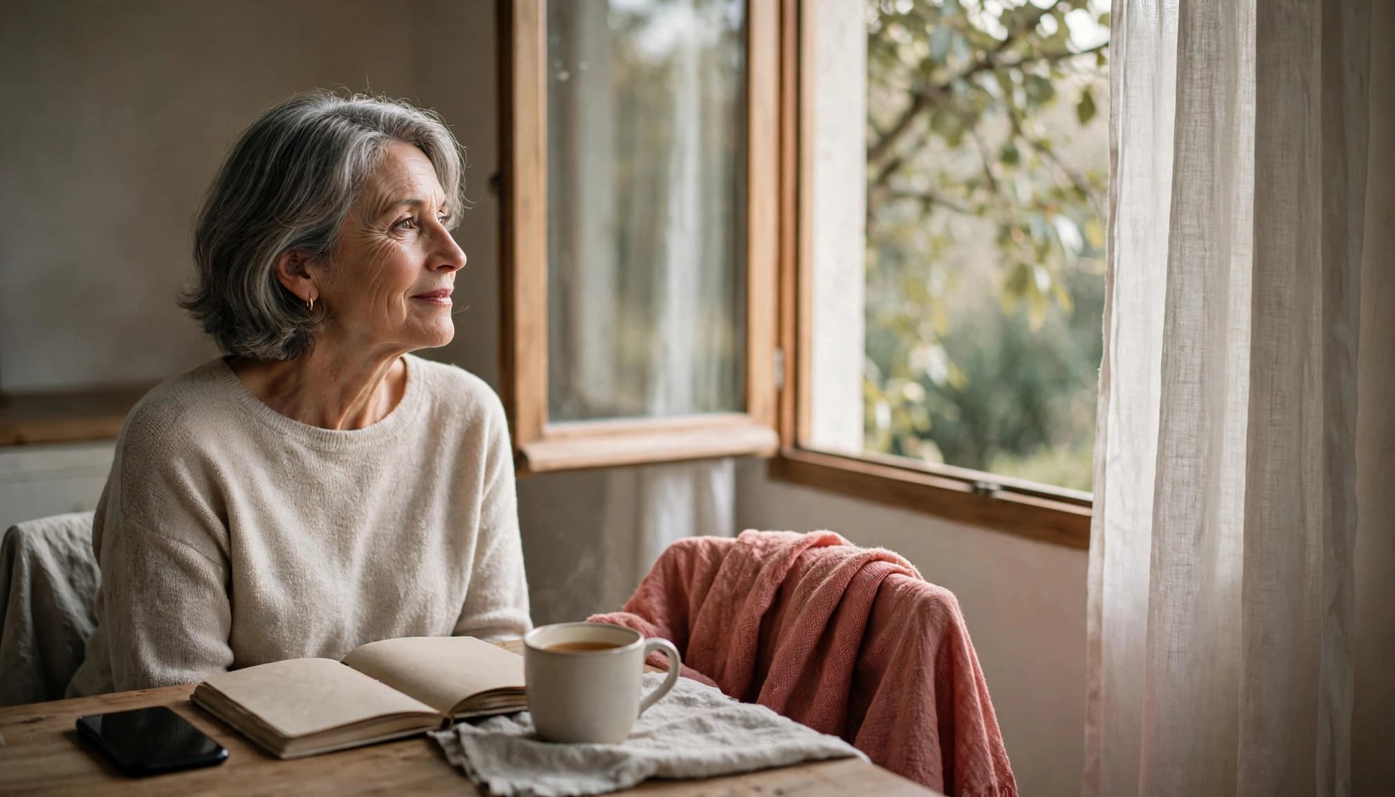 Woman looking from her phone toward an open window at a kitchen table.