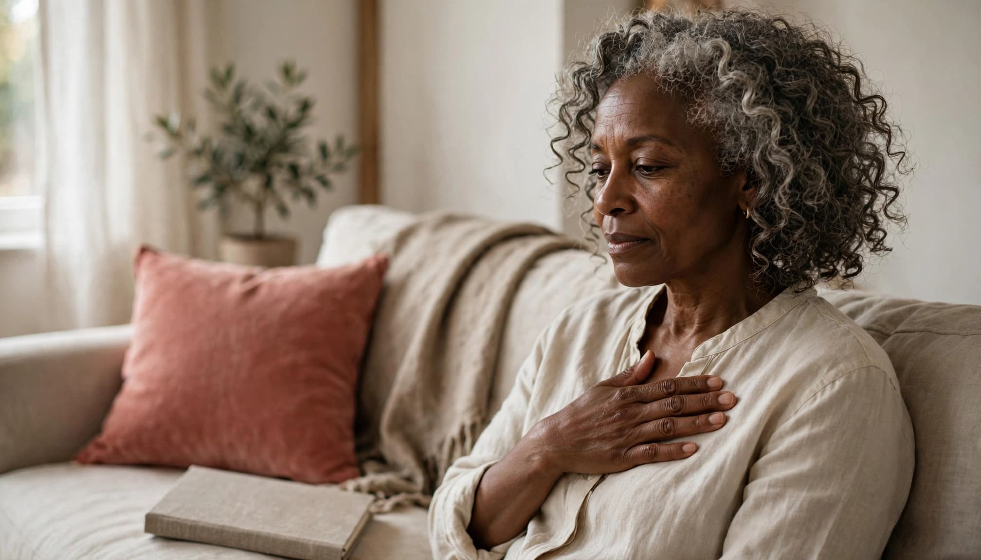 A gray-haired woman beginning healing childhood emotional neglect rests a hand over her heart beside a closed journal.