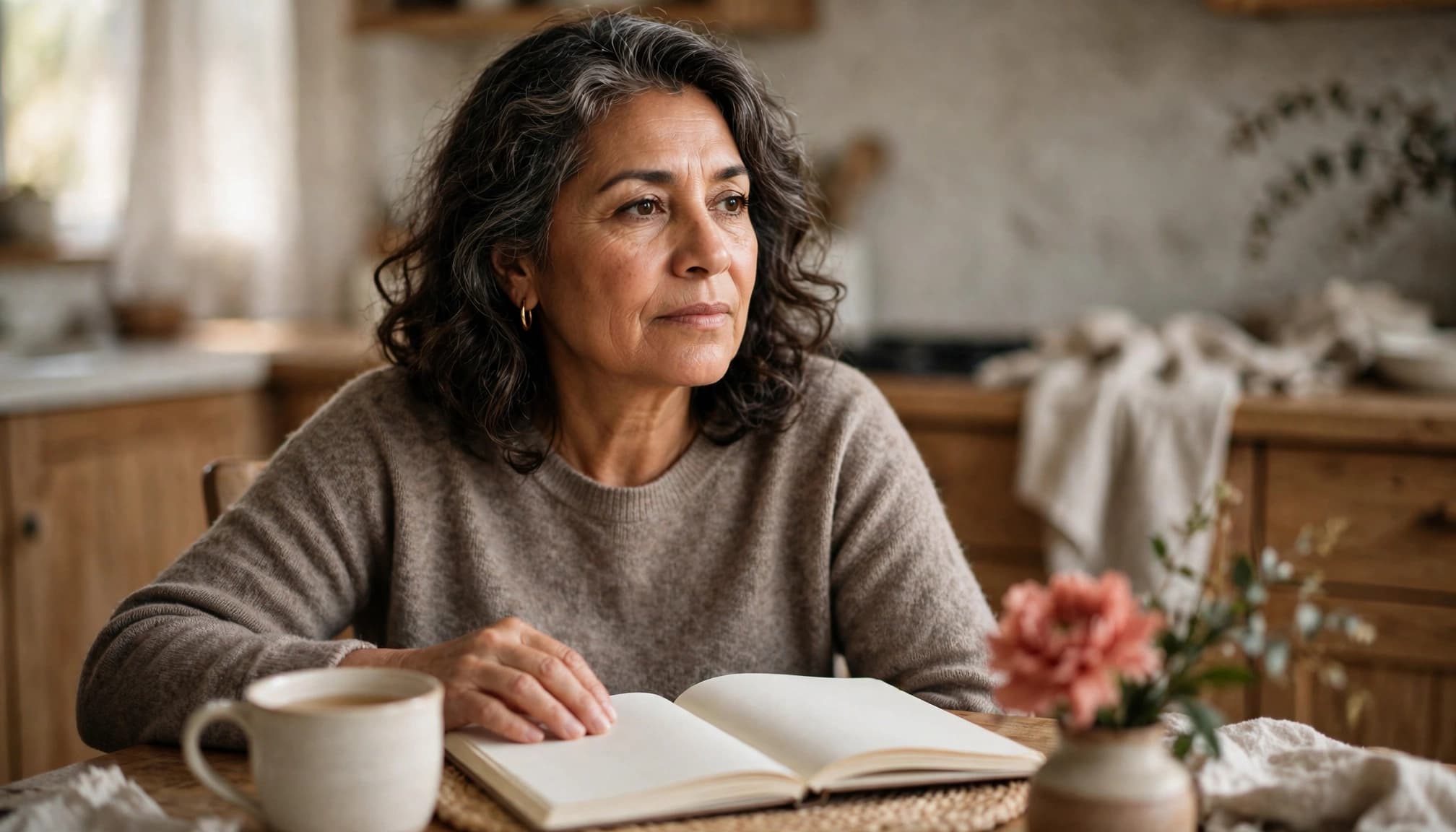 A woman sits at a kitchen table with tea and an open journal.