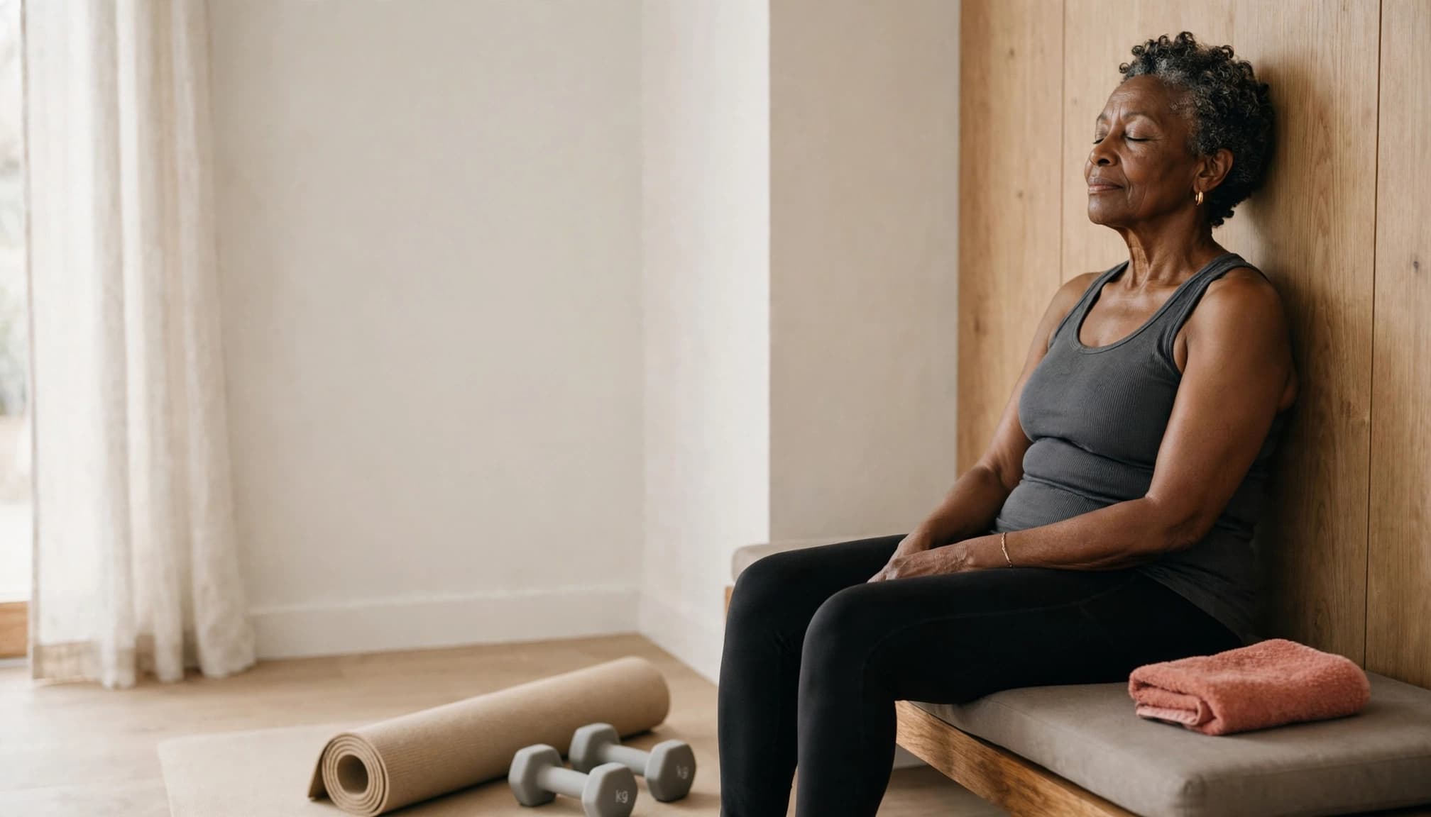 Older Black woman resting on a bench beside a yoga mat and dumbbells.