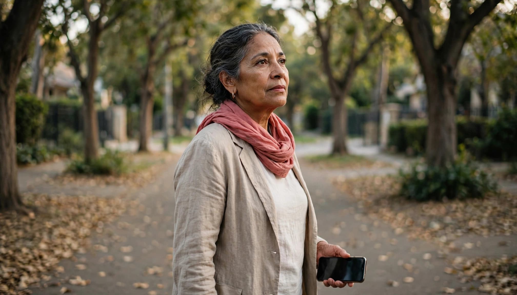 A woman over 50 taking a reflective walk while considering family boundaries.