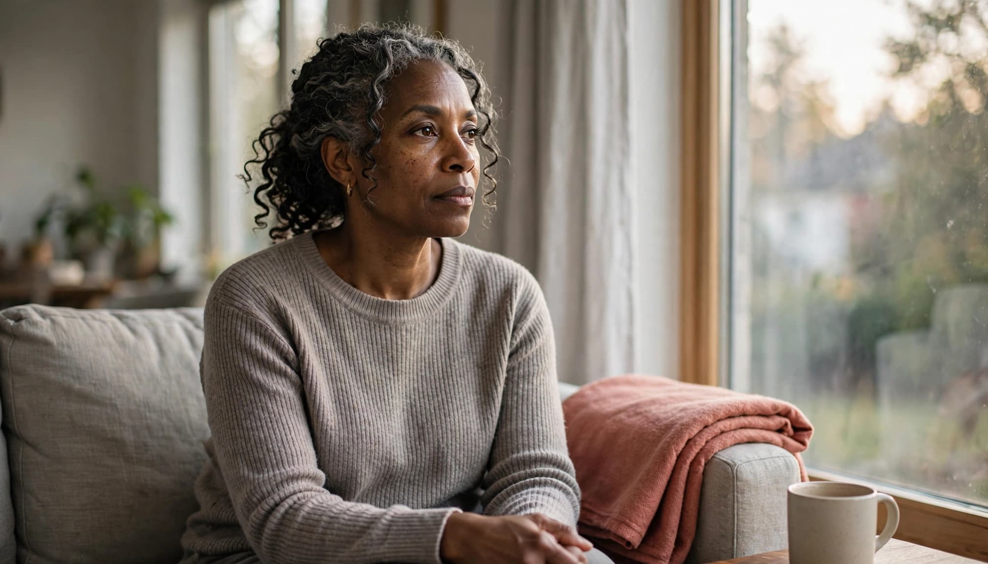 A woman over 50 reflecting by a window while coping with family estrangement.