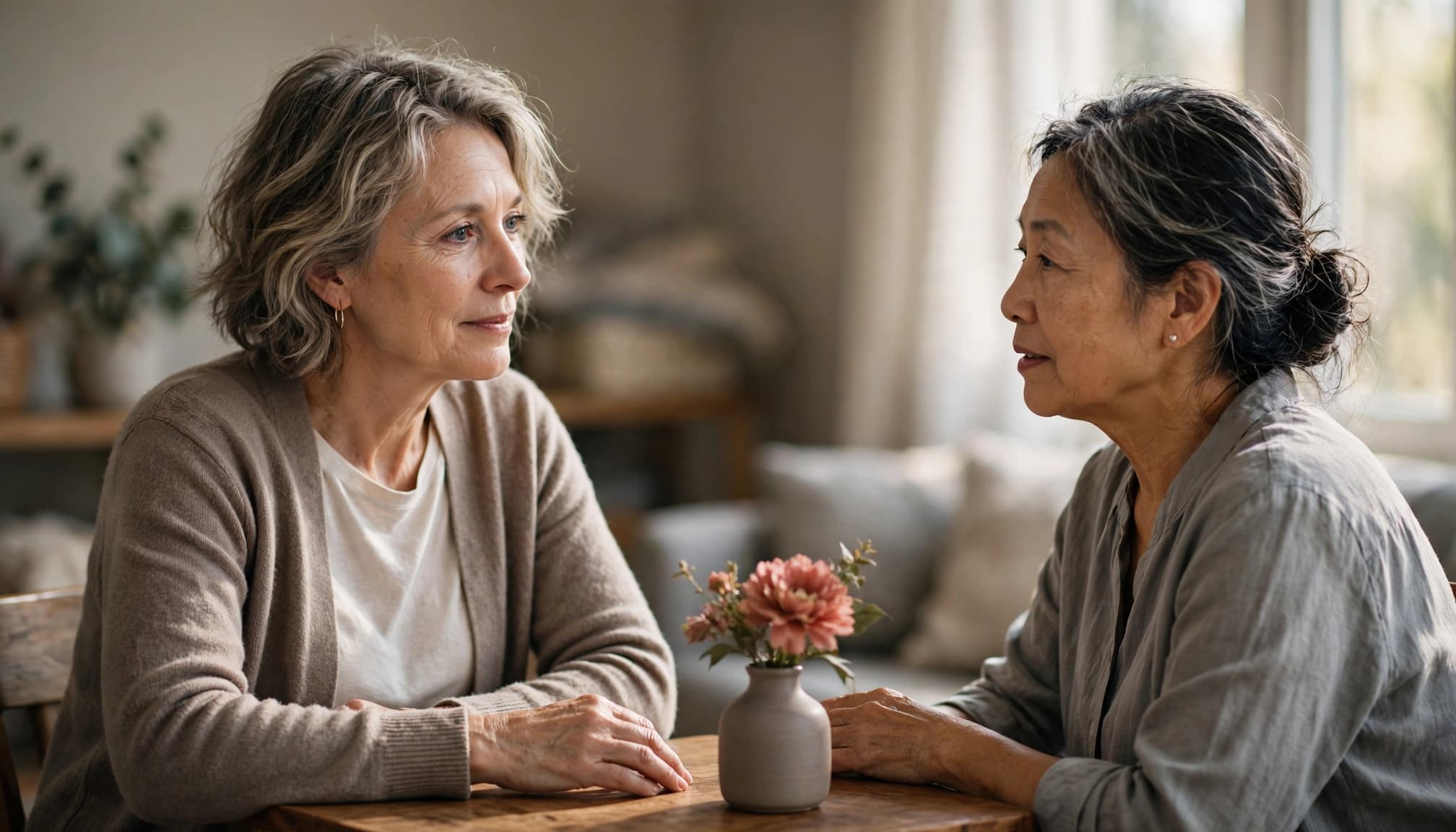Two women over 50 having a calm conversation about rebuilding family connection.