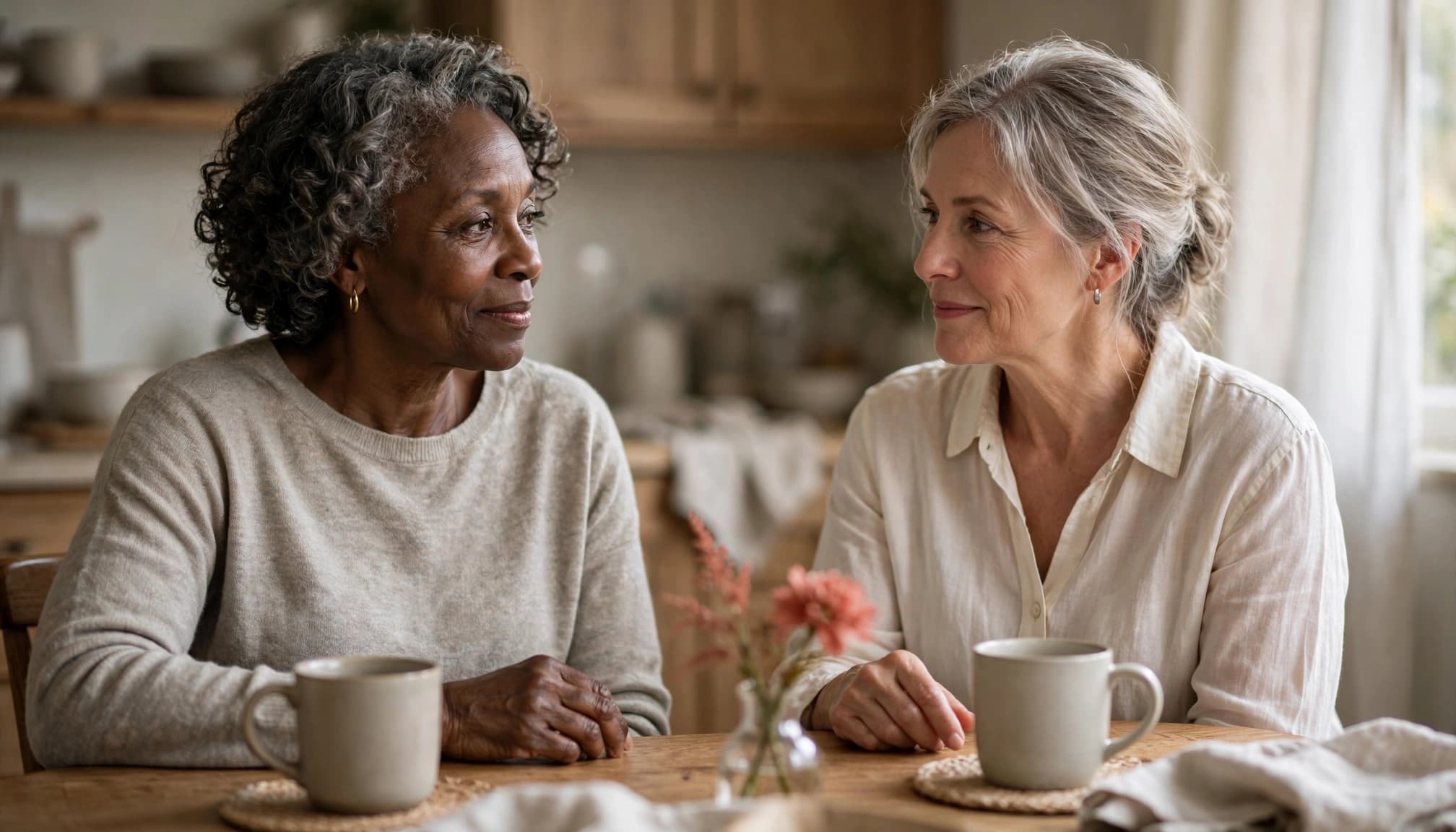 Two women over 50 share a calm moment at a kitchen table with mugs and a flower.