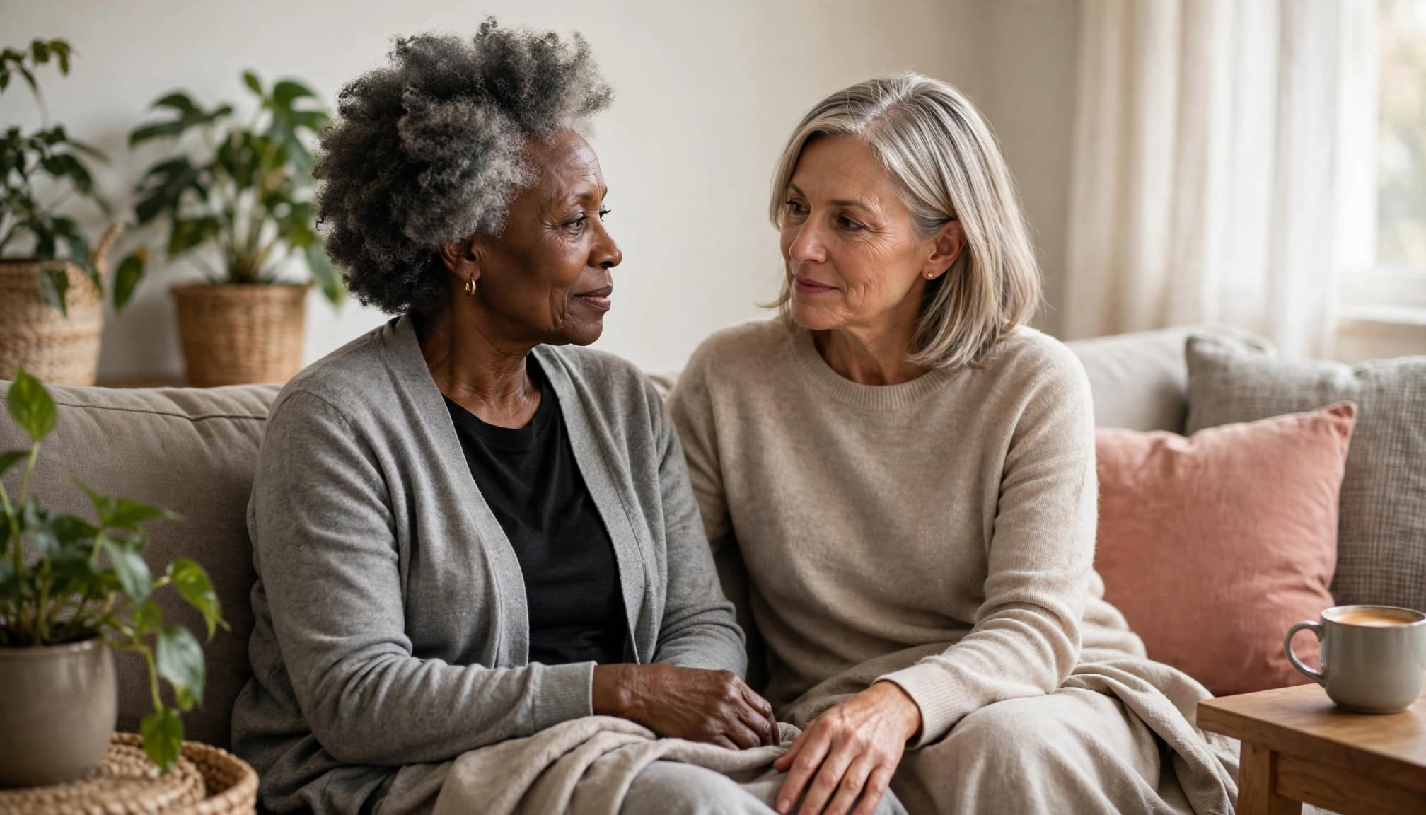Two women sit together on a sofa in a softly lit living room.