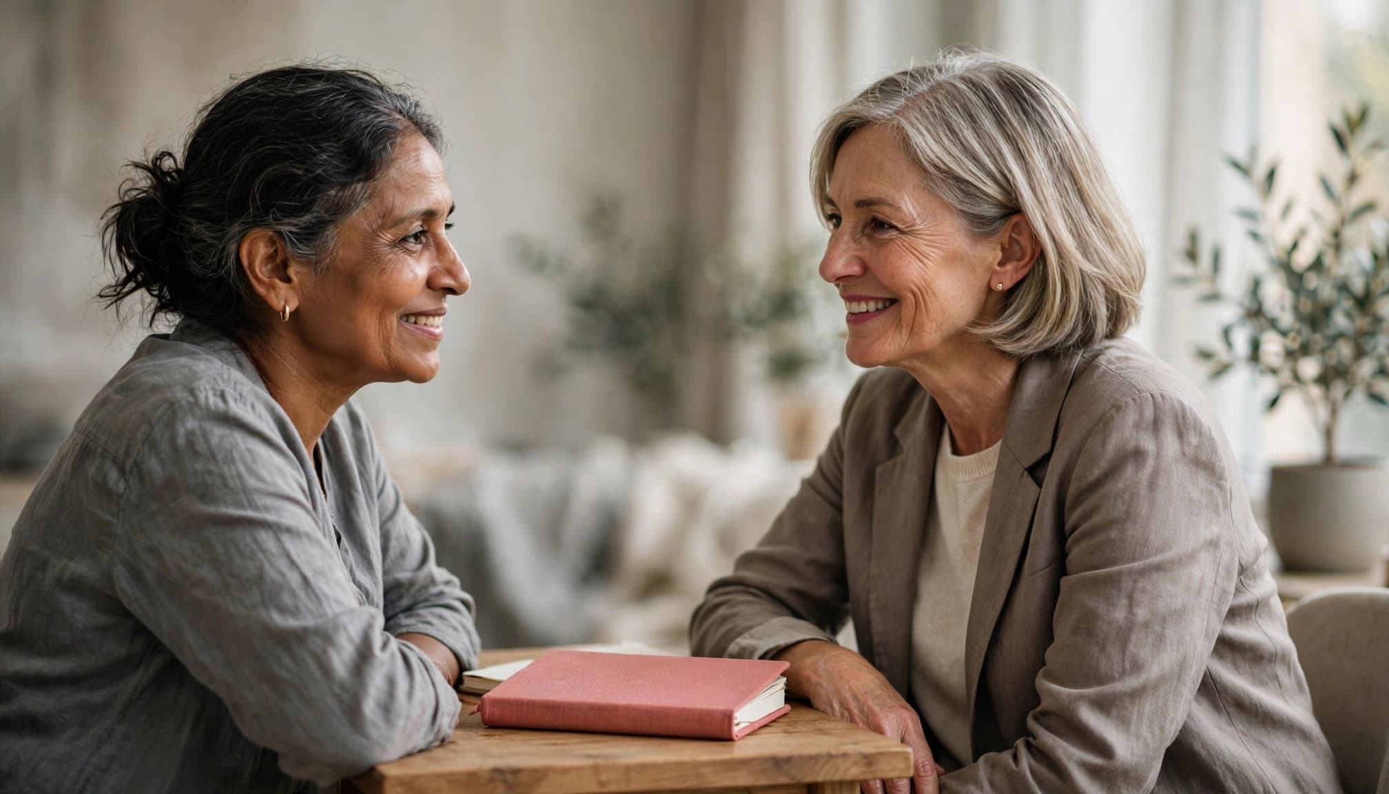 Two women talk across a table with a coral notebook between them.