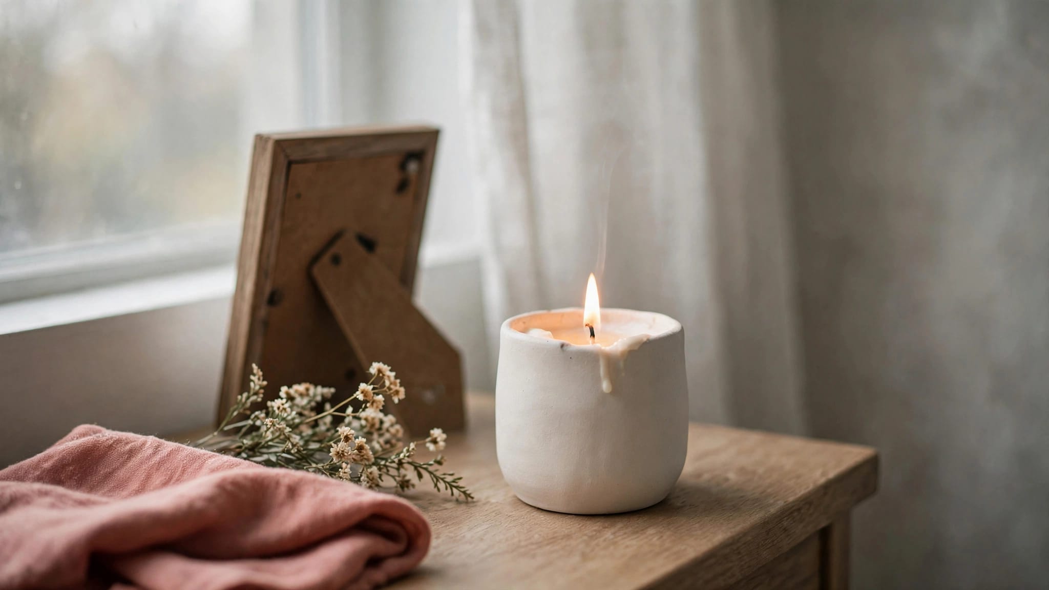 A candle, framed photograph, flowers, and folded rose-colored scarf on a bedside table.